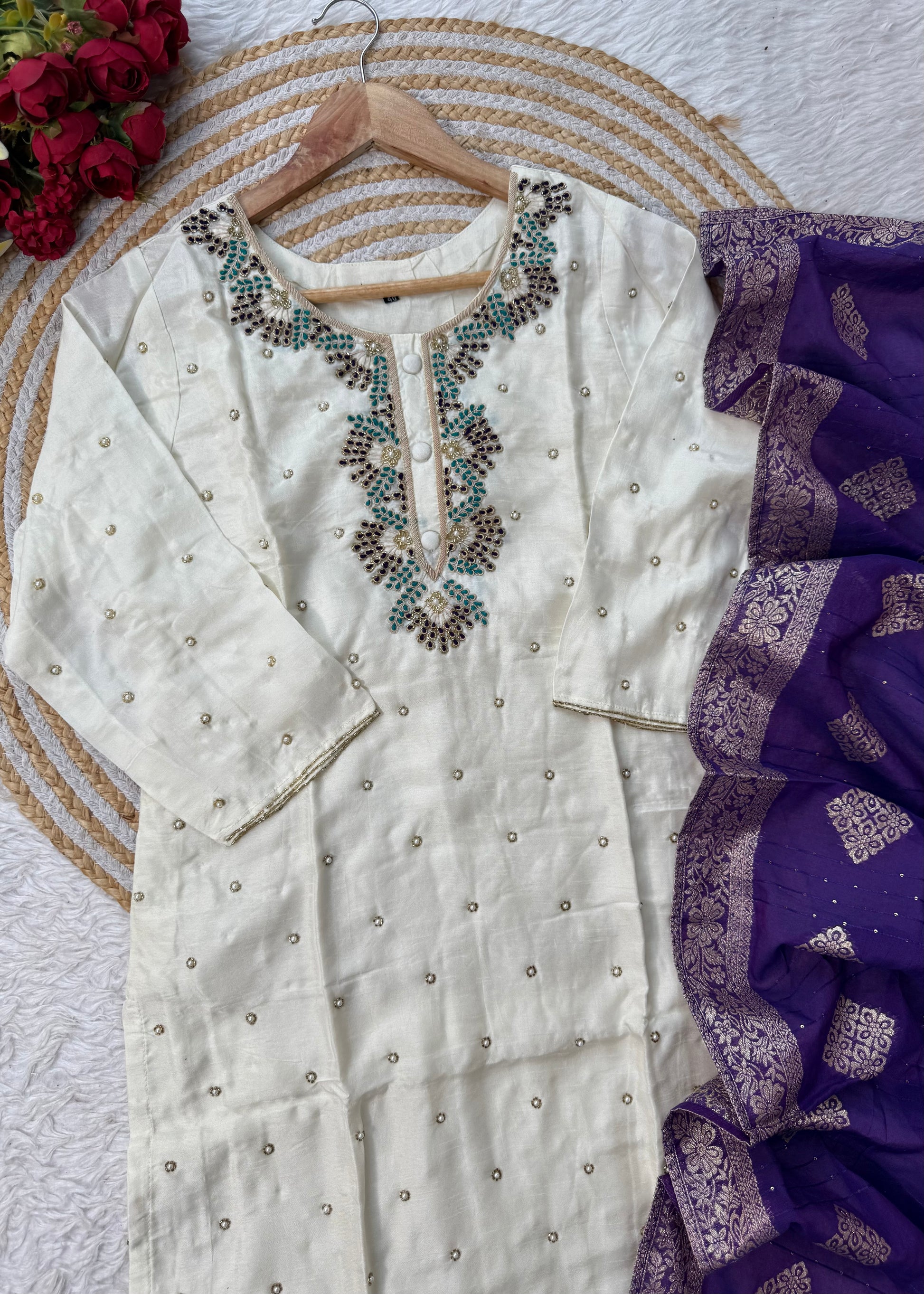 “SINZO” Party wear dola silk handcrafted kurti set