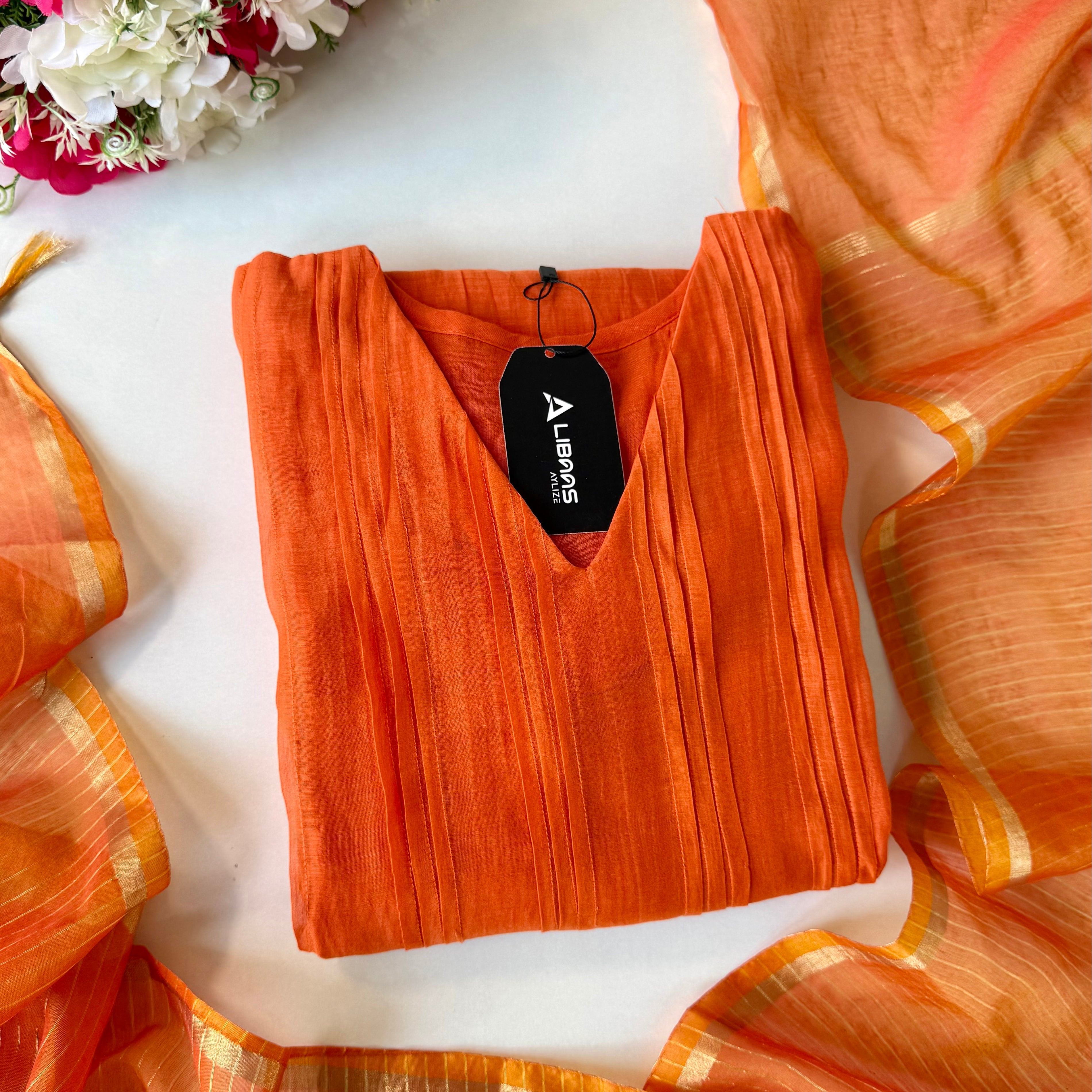 Premium Banarasi Mul Chanderi A-Line Kurta Set for Women Orange Color
