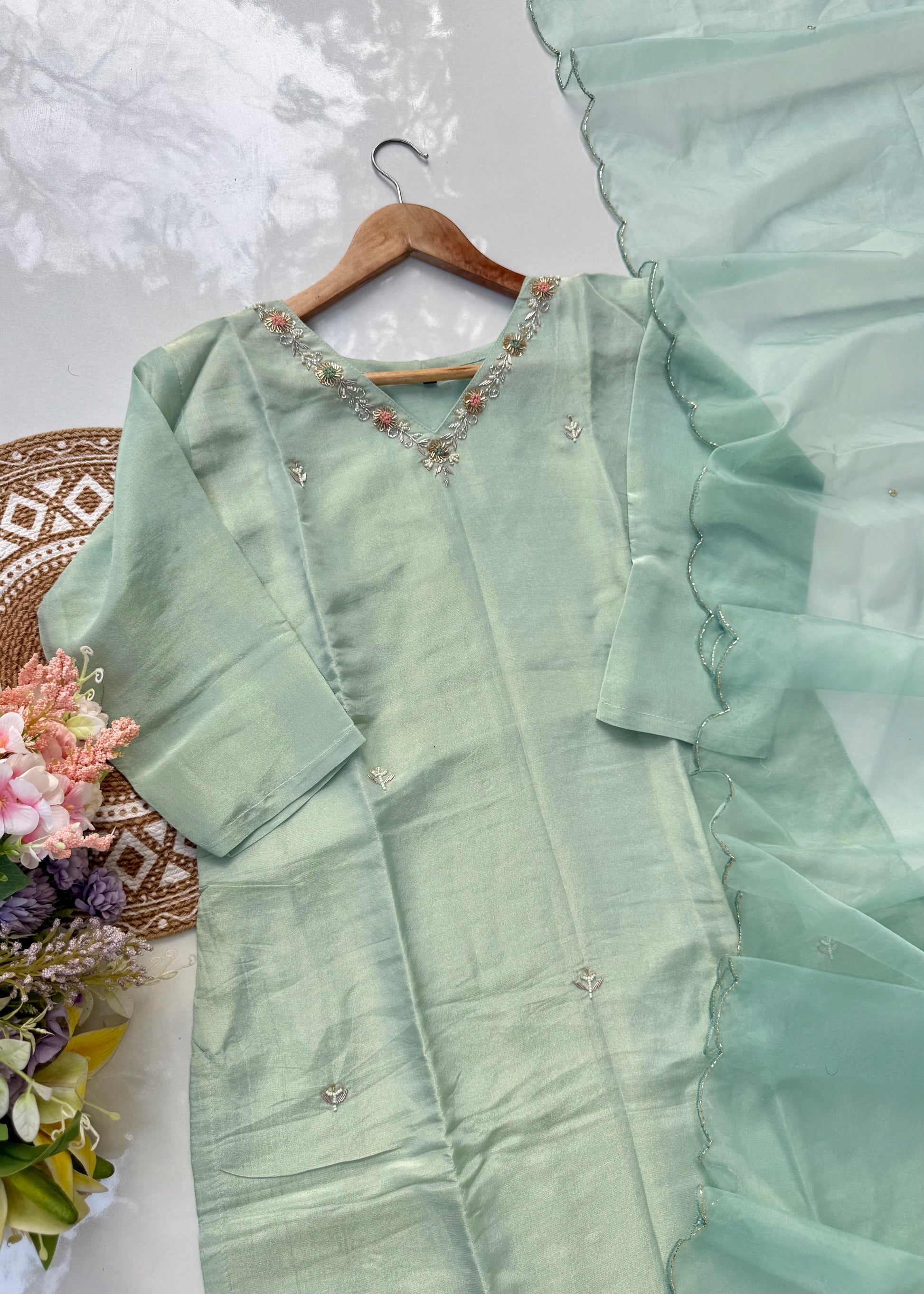 “Saumya” Tissue silk handcrafted kurti bottom dupatta set 🛍️