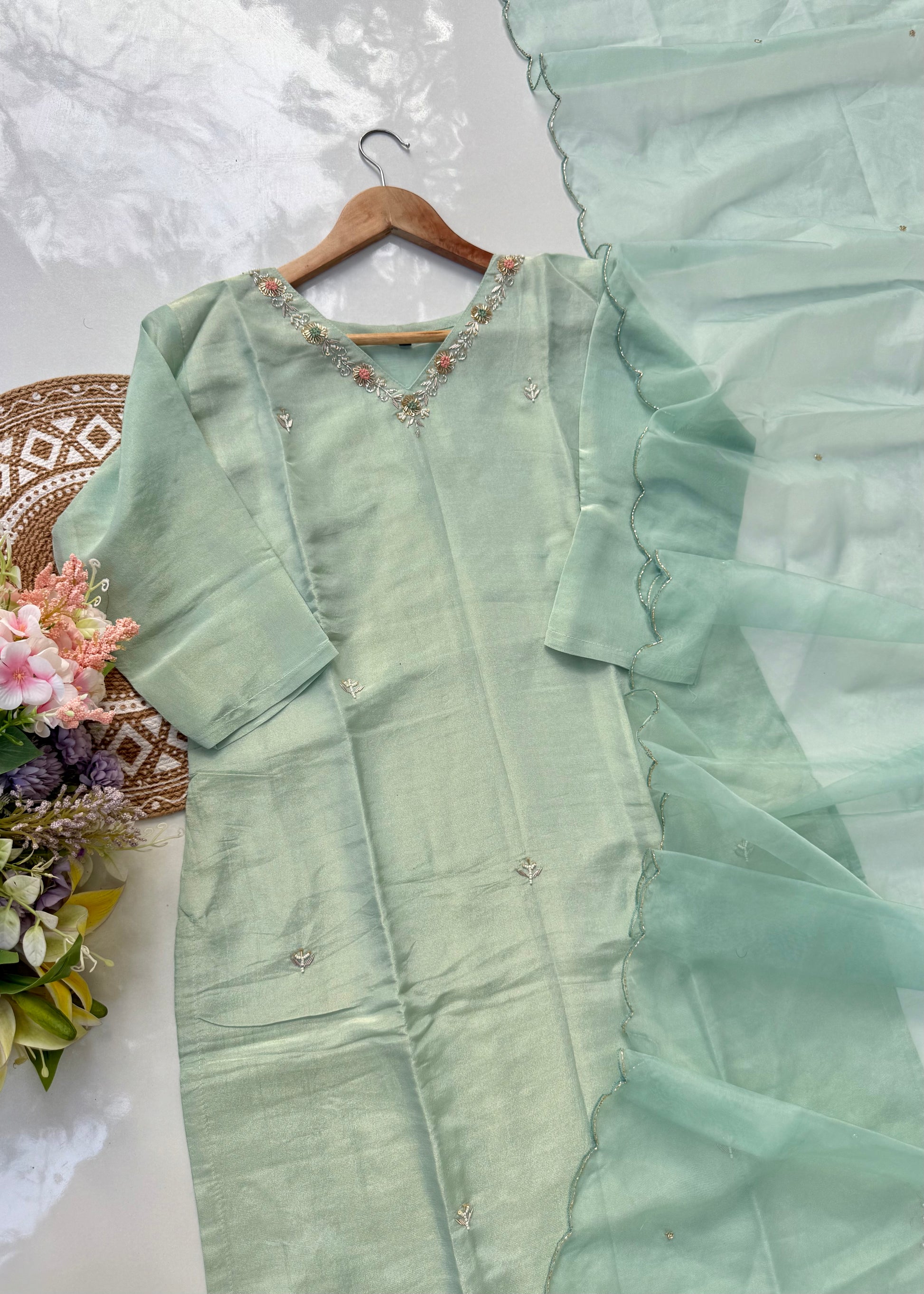 “Saumya” Tissue silk handcrafted kurti bottom dupatta set 🛍️