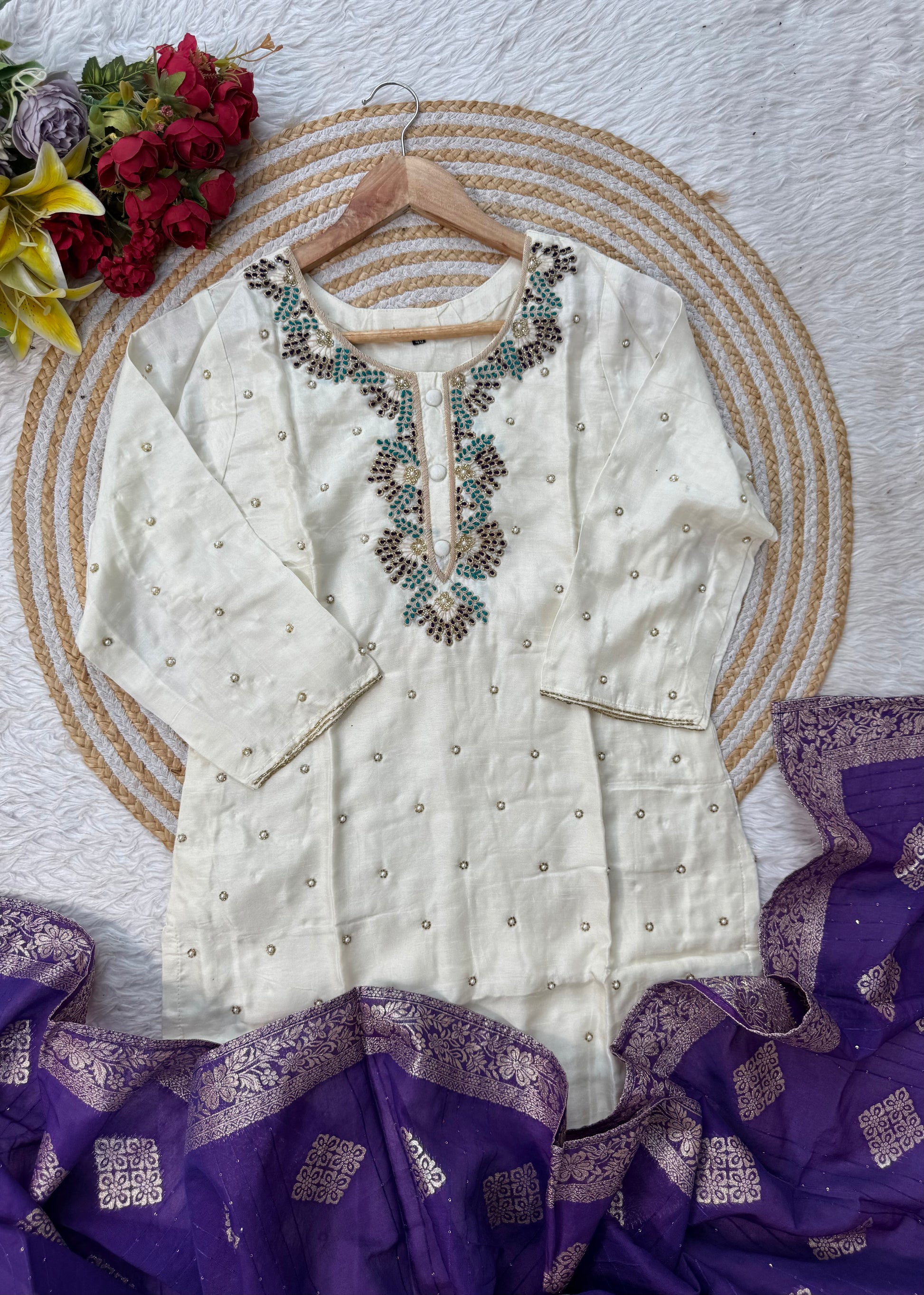“SINZO” Party wear dola silk handcrafted kurti set