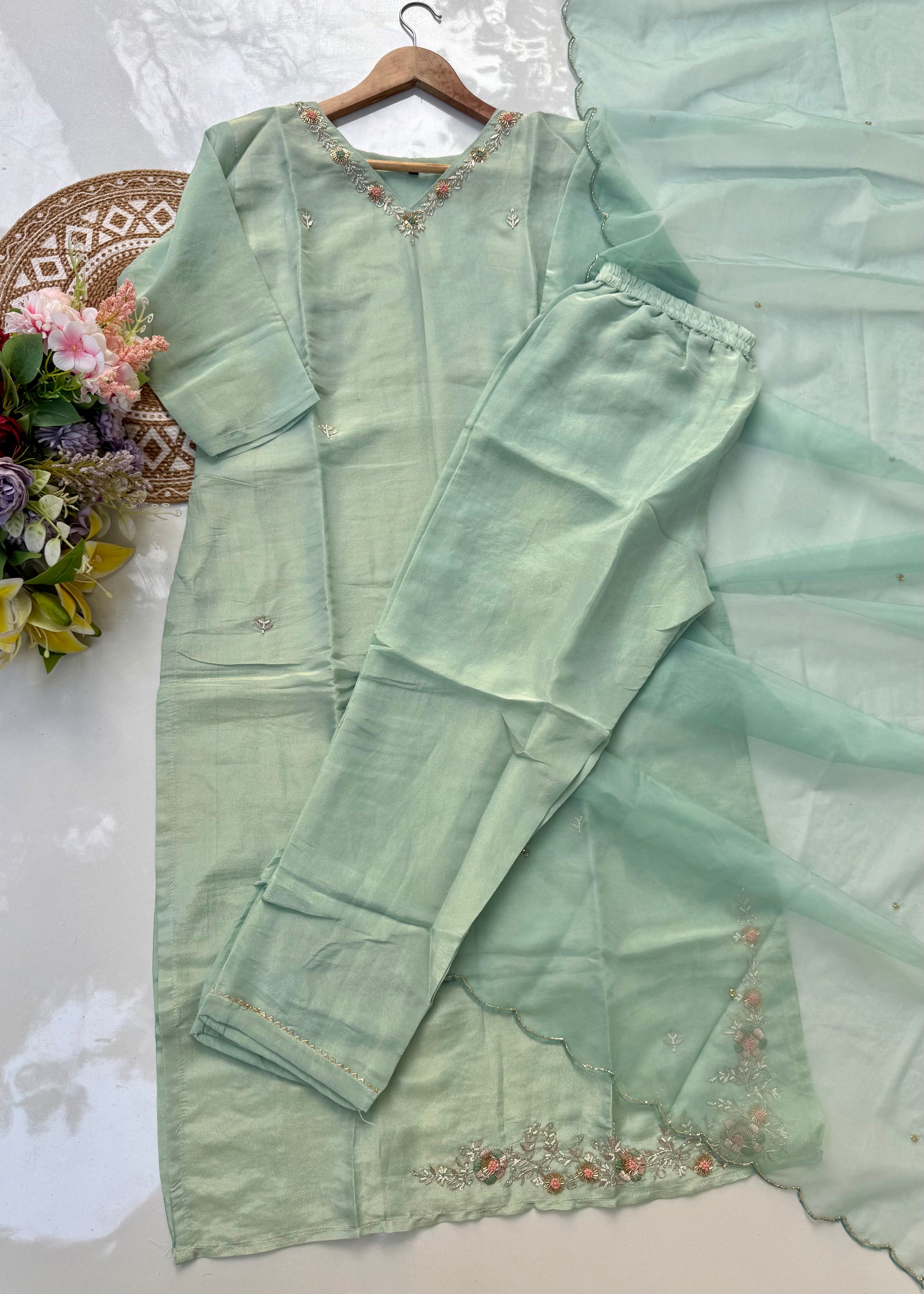 “Saumya” Tissue silk handcrafted kurti bottom dupatta set 🛍️