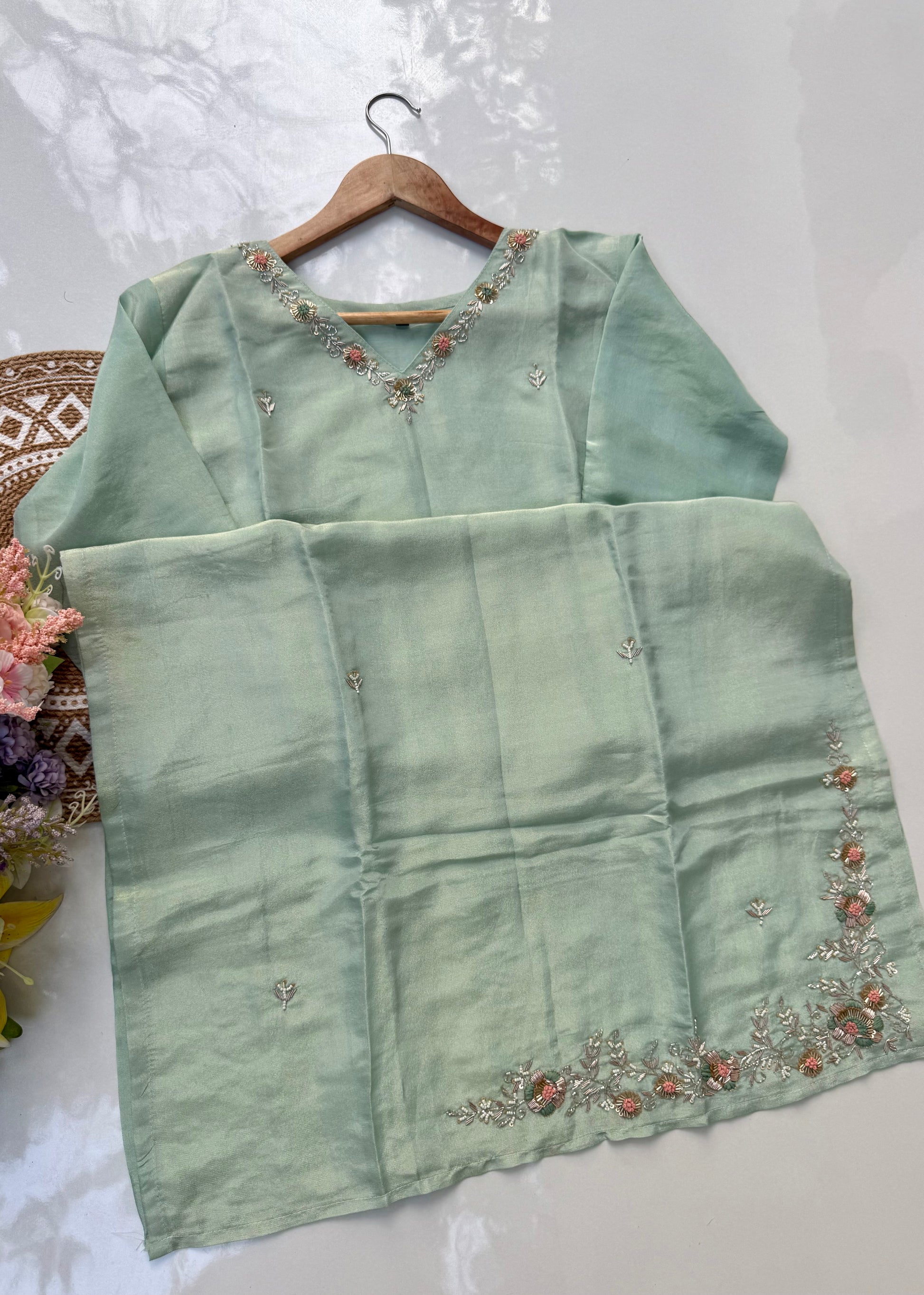 “Saumya” Tissue silk handcrafted kurti bottom dupatta set 🛍️