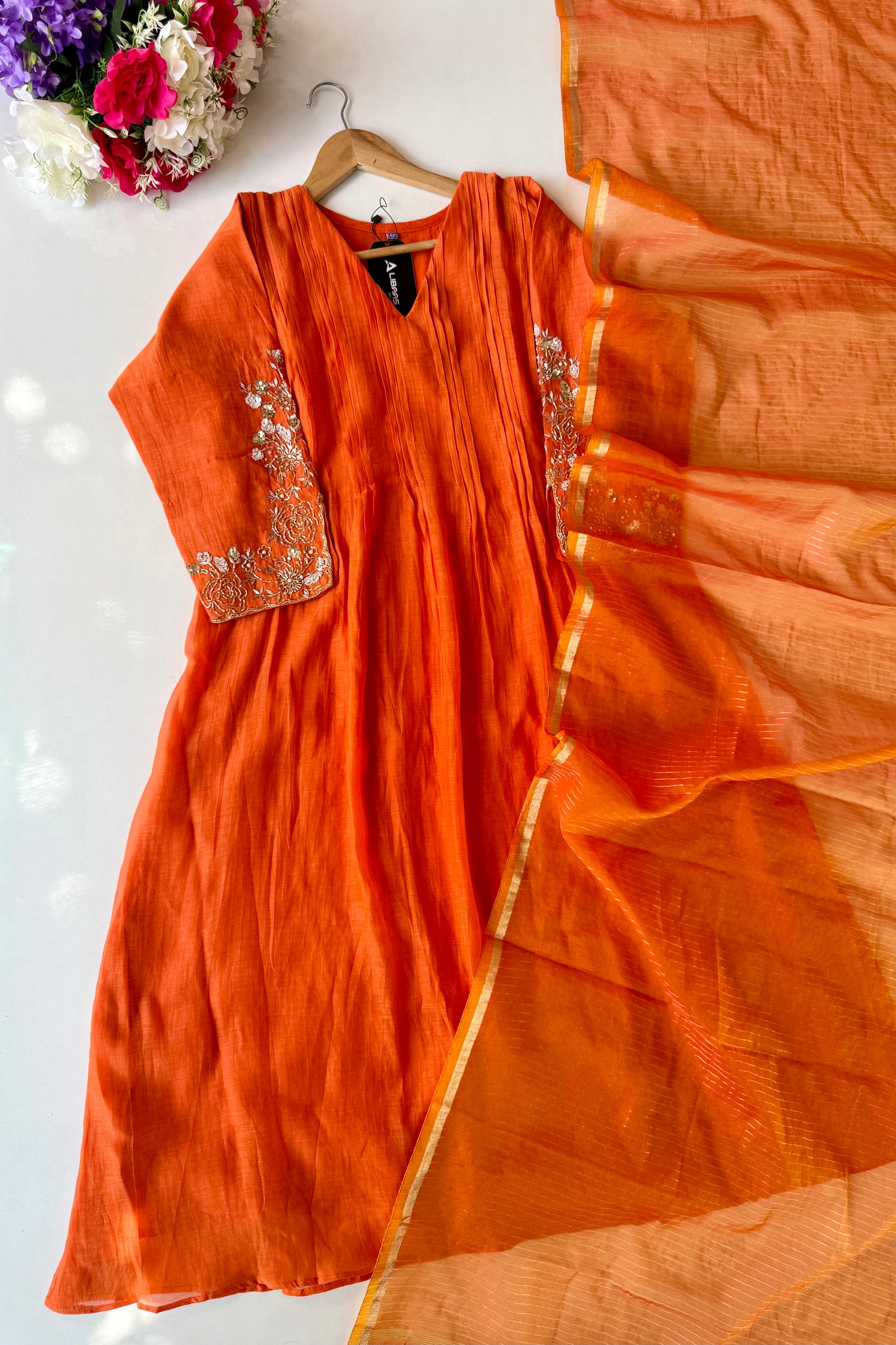 5. Orange A-Line Kurta Set with Premium Mul Chanderi Fabric

