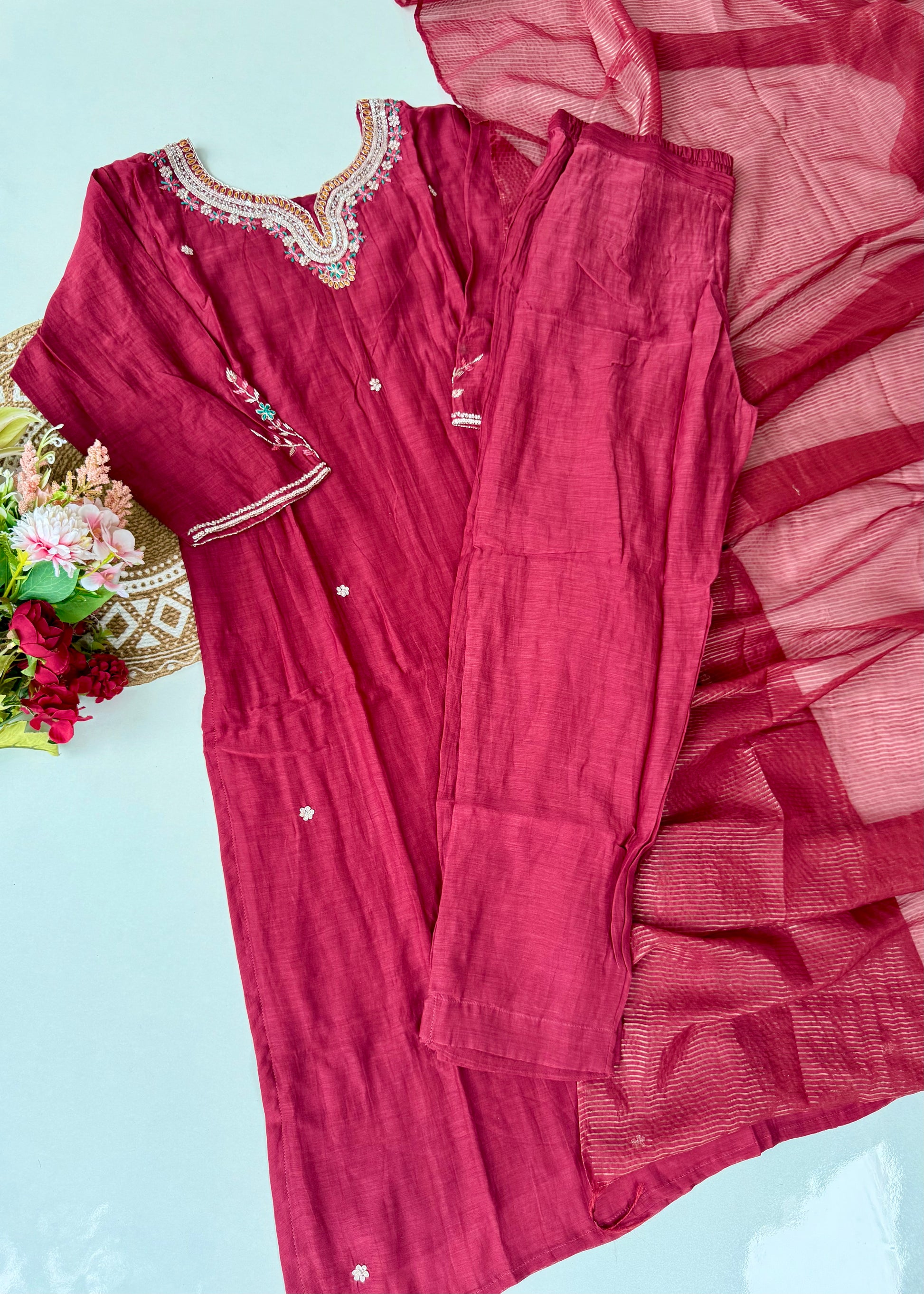 “Bindiya” Deep Rose Mul Chanderi handwork kurta set
