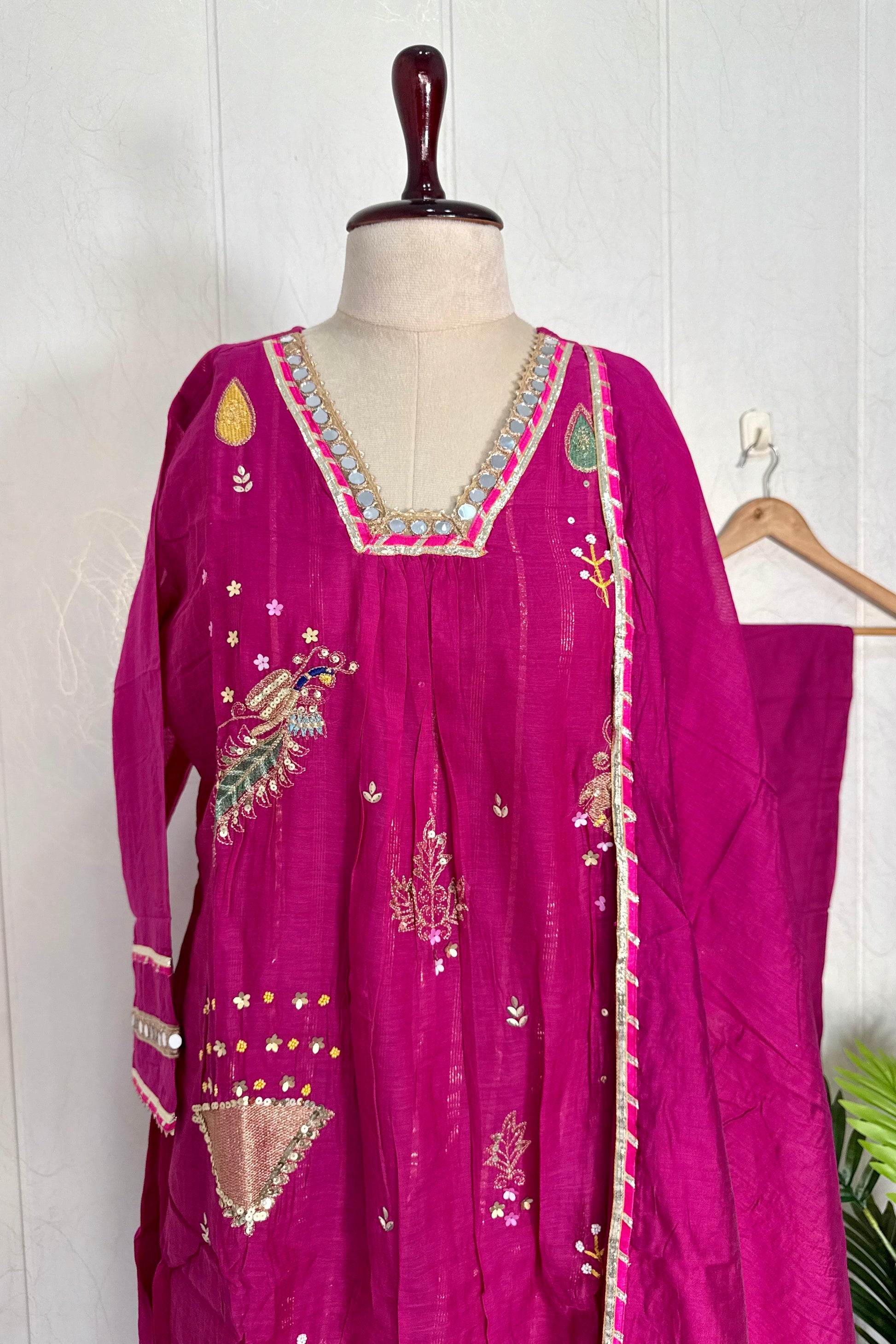 “Fuchsia” Trending Mul Chanderi Heavy Handwork A Line Suit Set