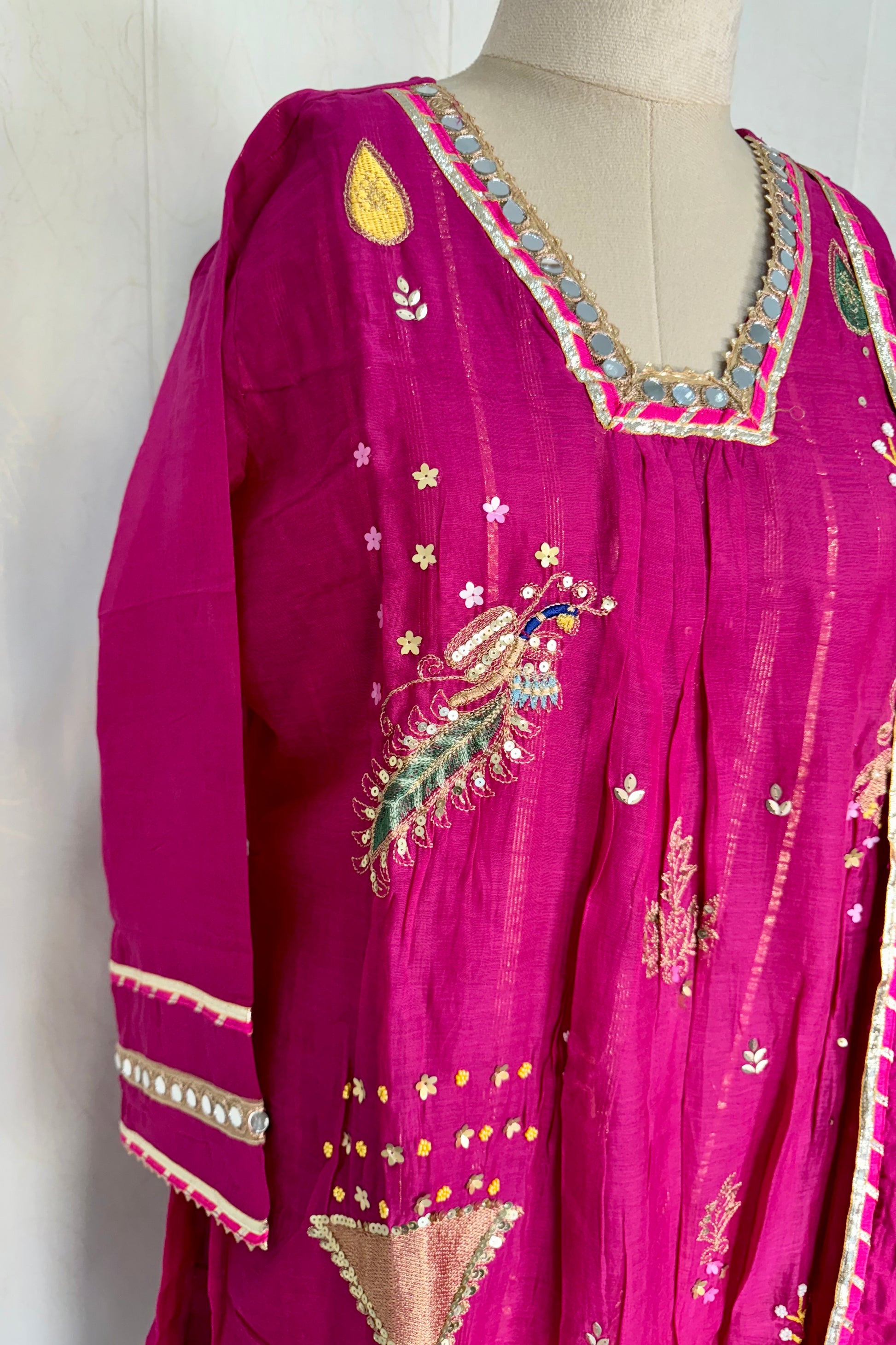 “Fuchsia” Trending Mul Chanderi Heavy Handwork A Line Suit Set