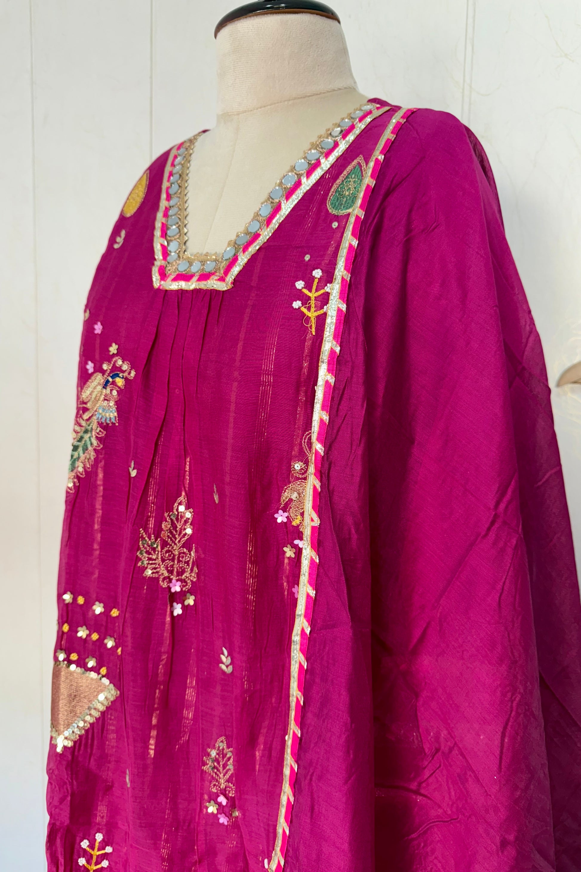 “Fuchsia” Trending Mul Chanderi Heavy Handwork A Line Suit Set