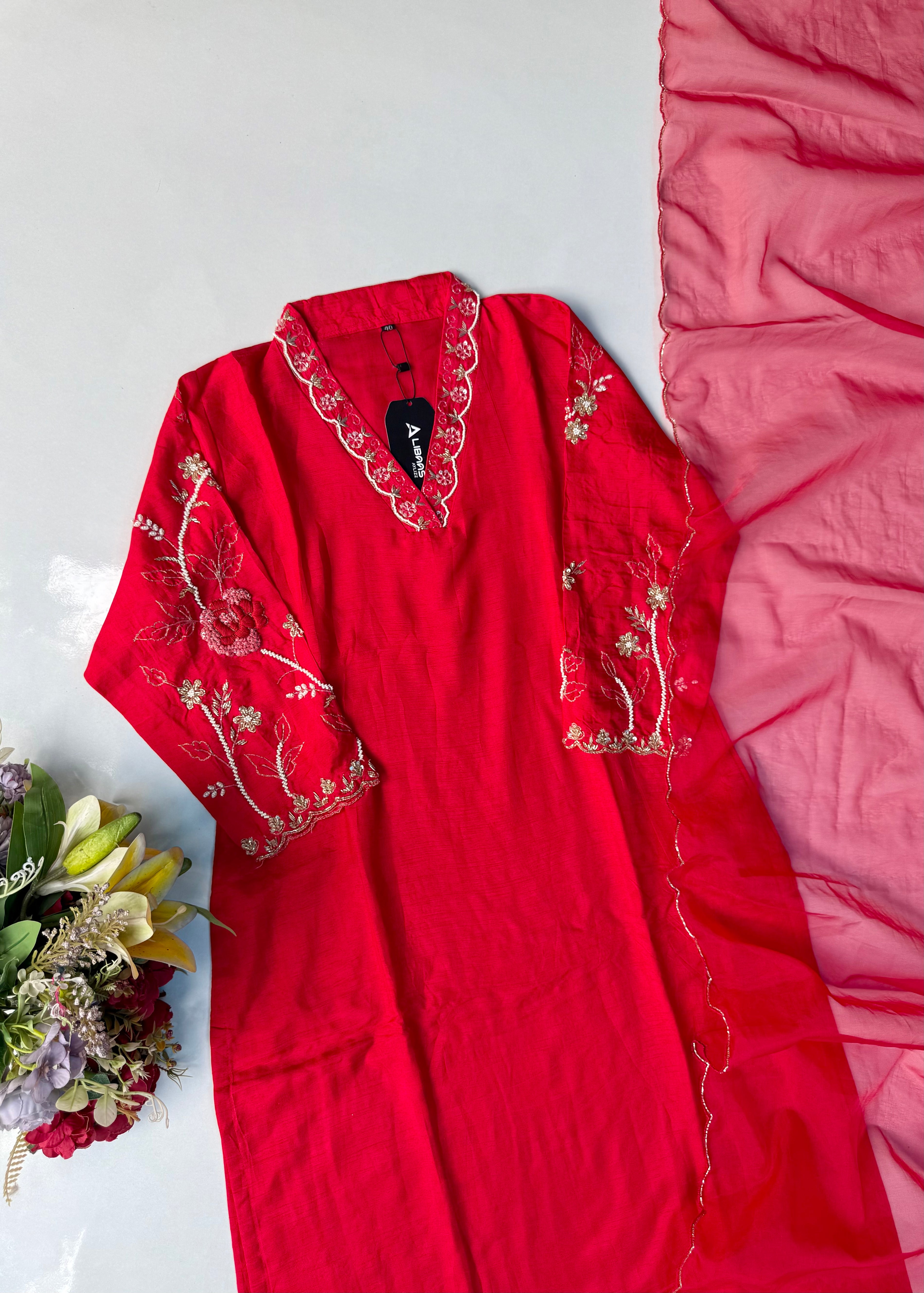 “Ivory” Beautiful Red Dola silk handcrafted kurta set