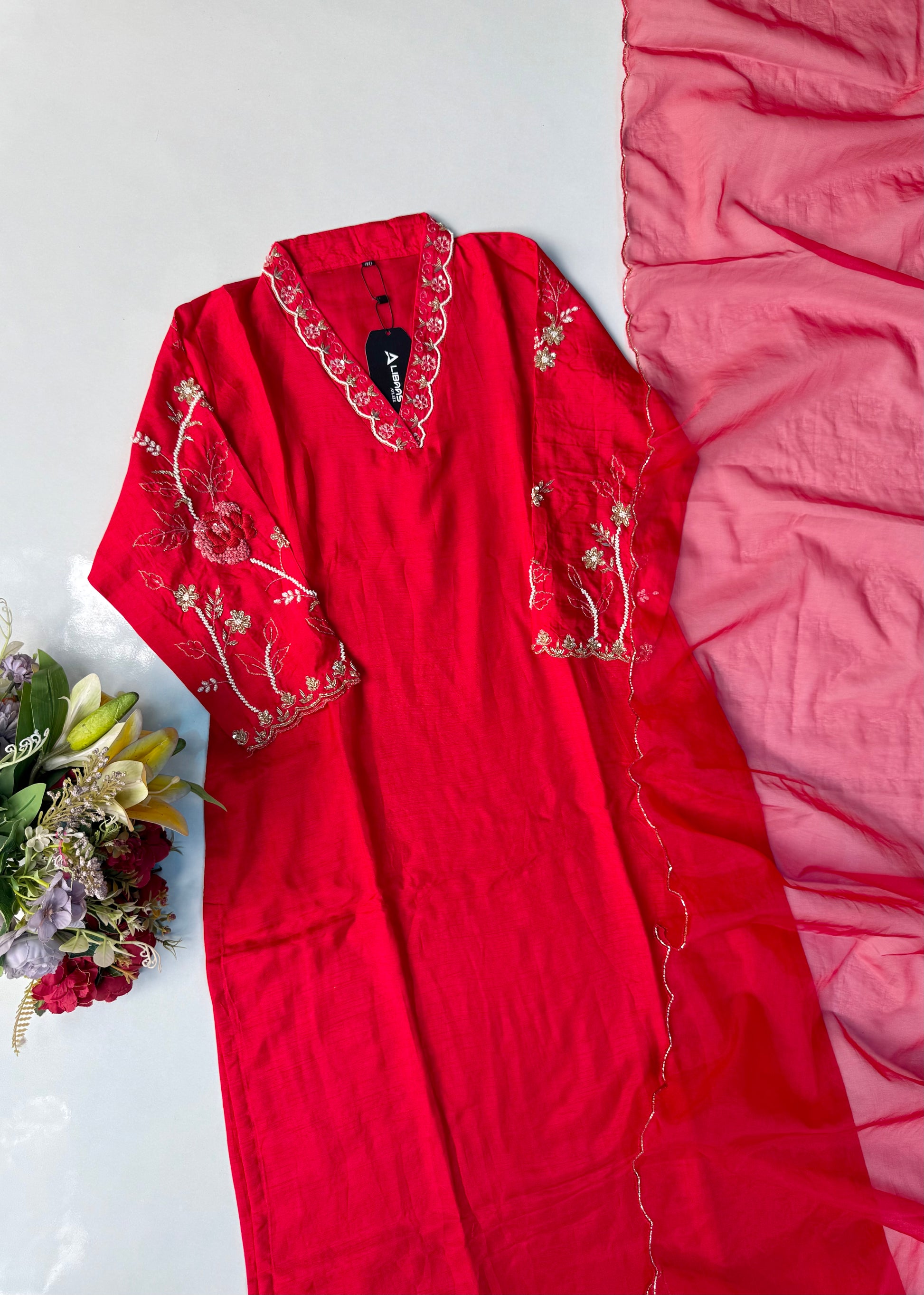 “Ivory” Beautiful Red Dola silk handcrafted kurta set