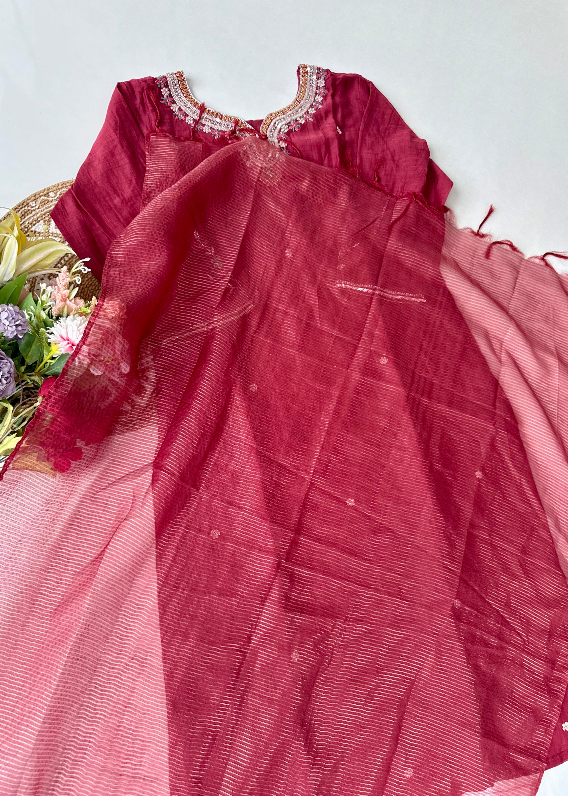 “Bindiya” Deep Rose Mul Chanderi handwork kurta set