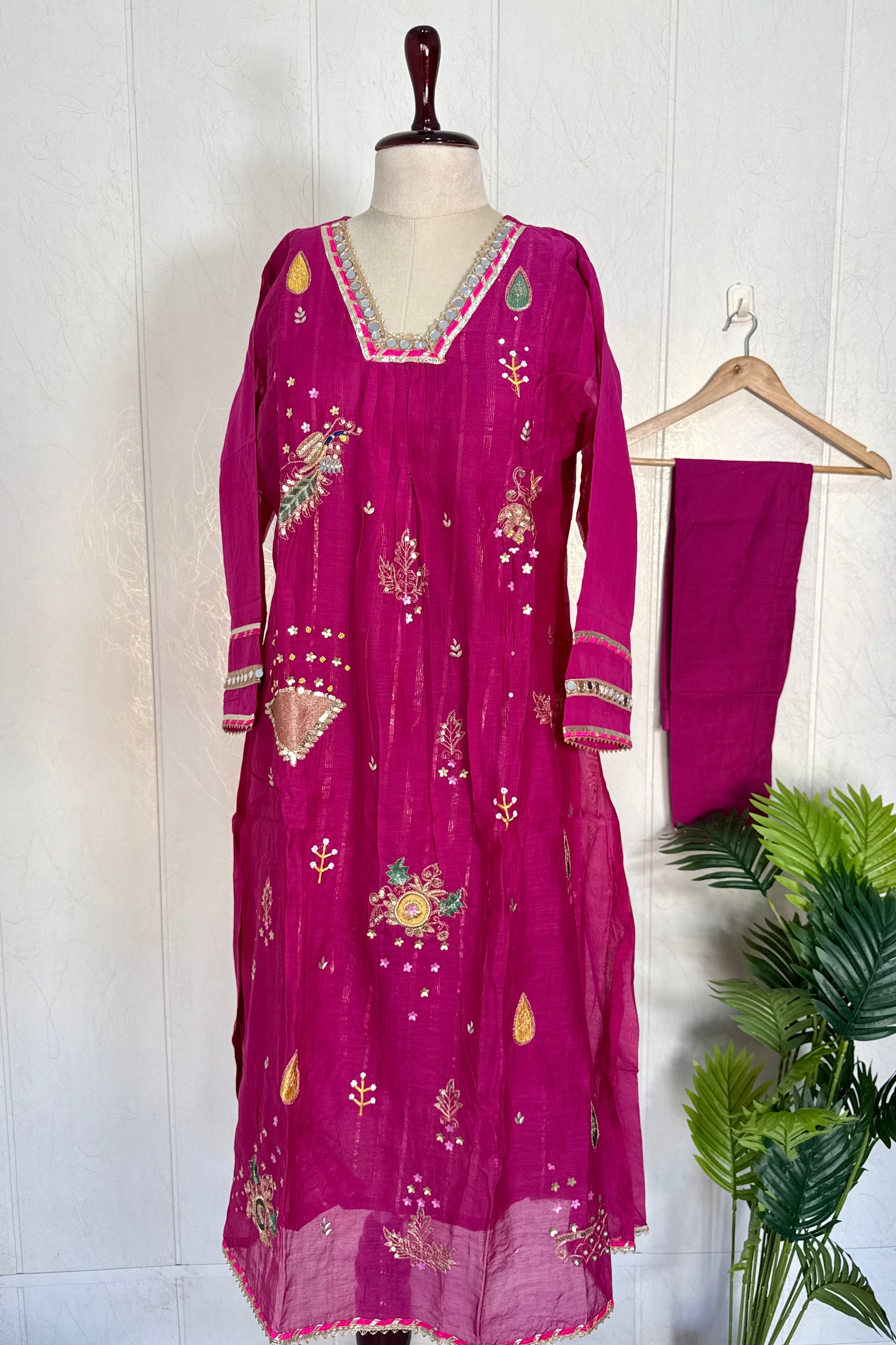 “Fuchsia” Trending Mul Chanderi Heavy Handwork A Line Suit Set