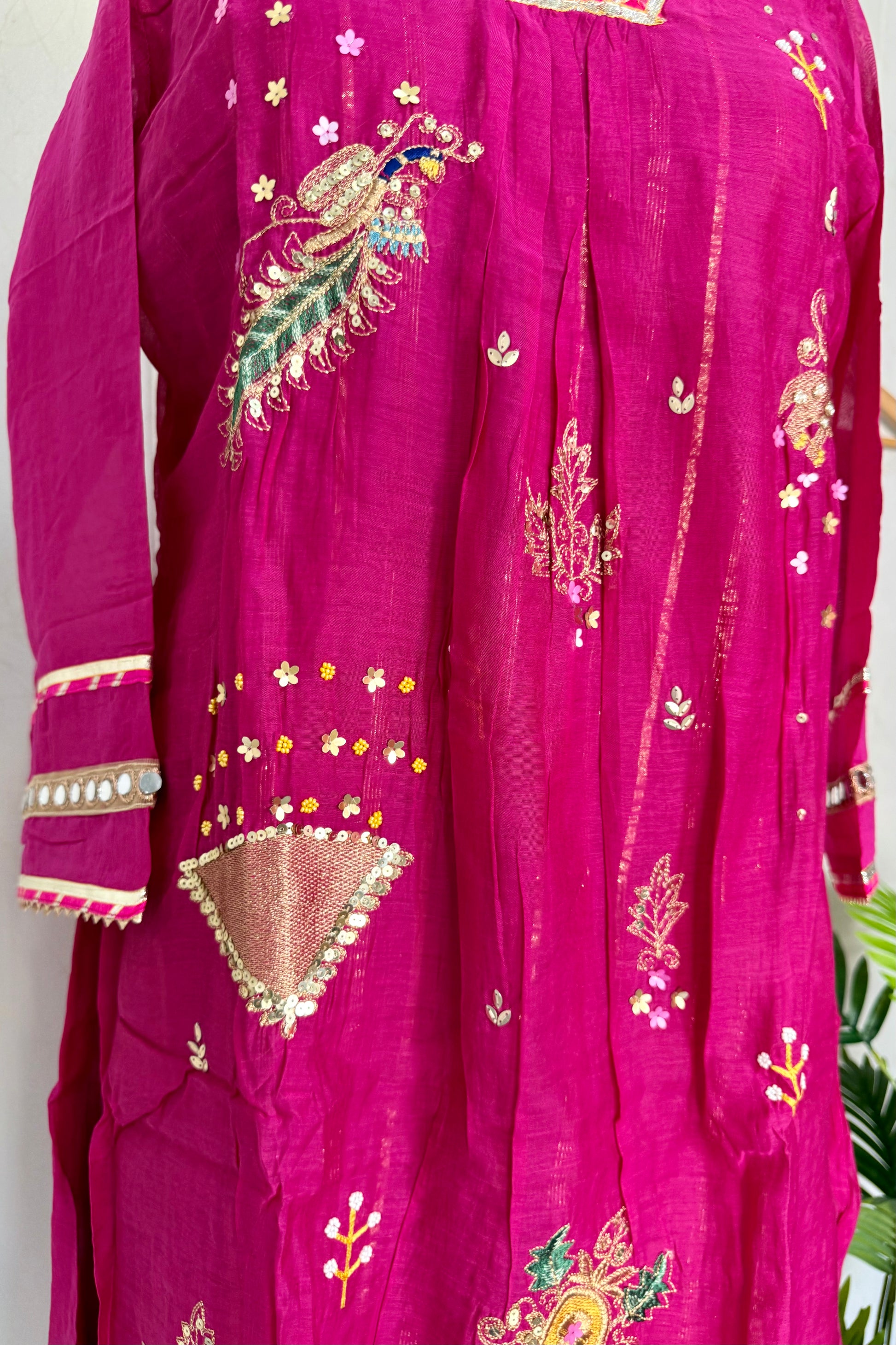 “Fuchsia” Trending Mul Chanderi Heavy Handwork A Line Suit Set