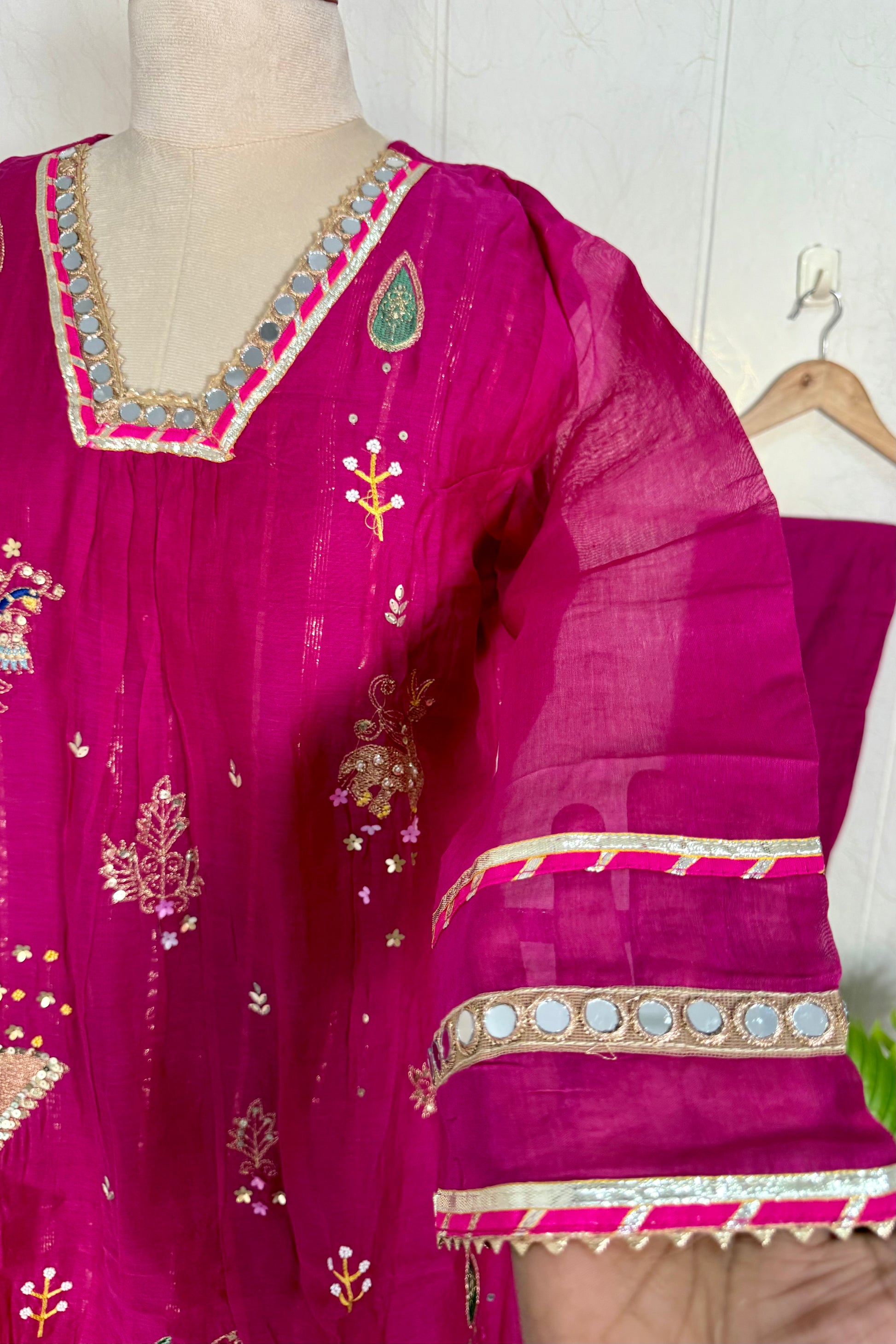 “Fuchsia” Trending Mul Chanderi Heavy Handwork A Line Suit Set
