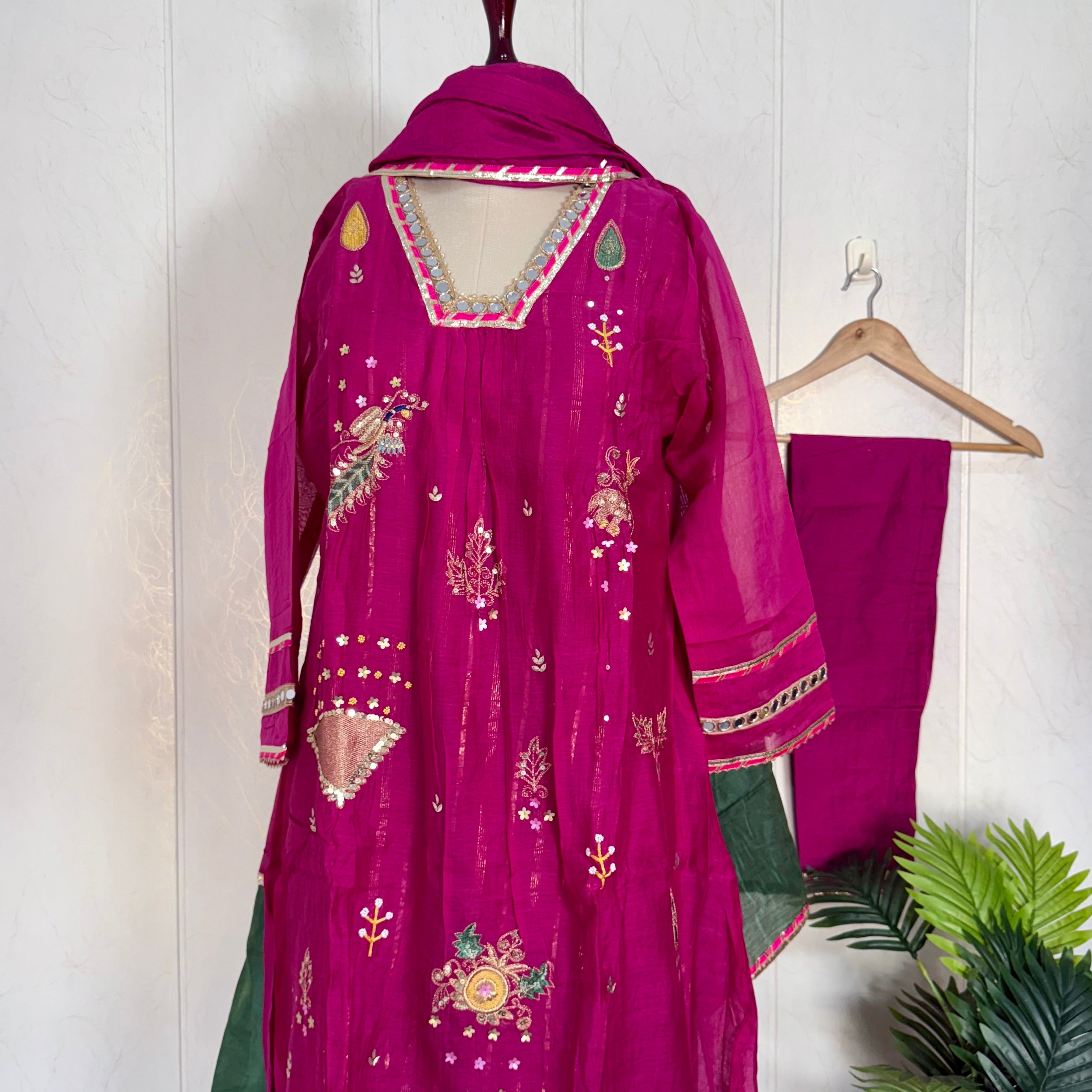 “Fuchsia” Trending Mul Chanderi Heavy Handwork A Line Suit Set