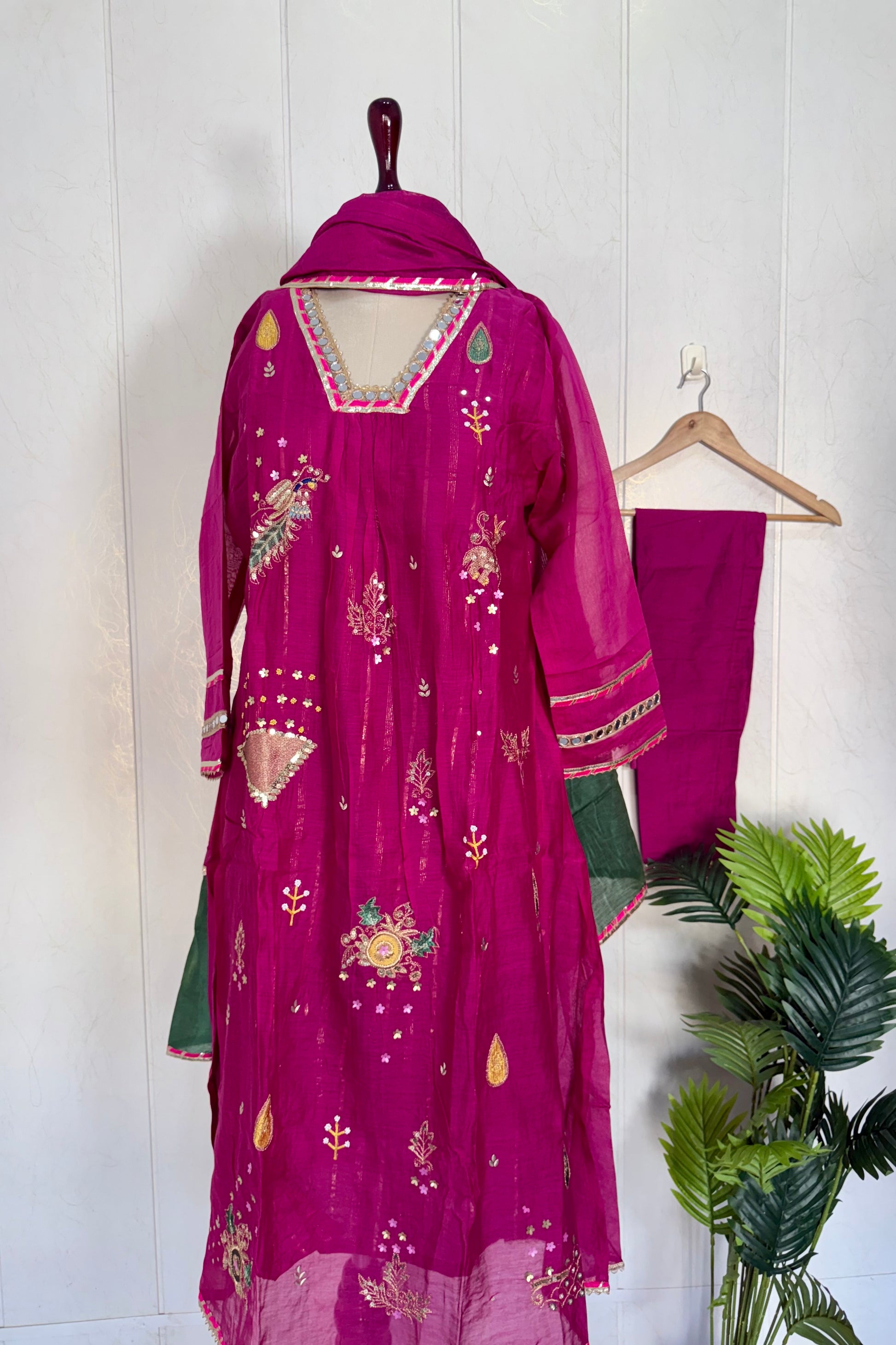 “Fuchsia” Trending Mul Chanderi Heavy Handwork A Line Suit Set