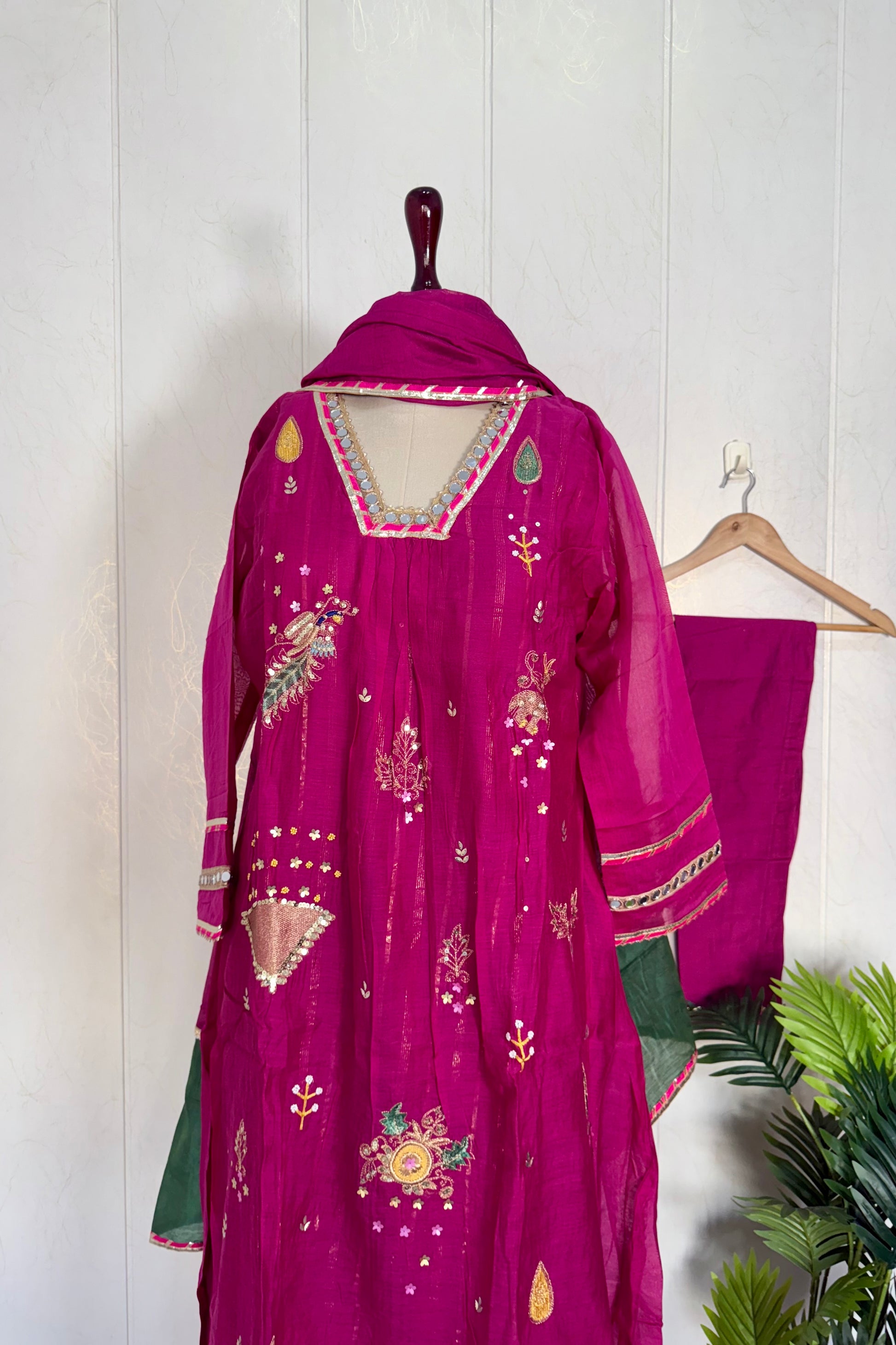 “Fuchsia” Trending Mul Chanderi Heavy Handwork A Line Suit Set