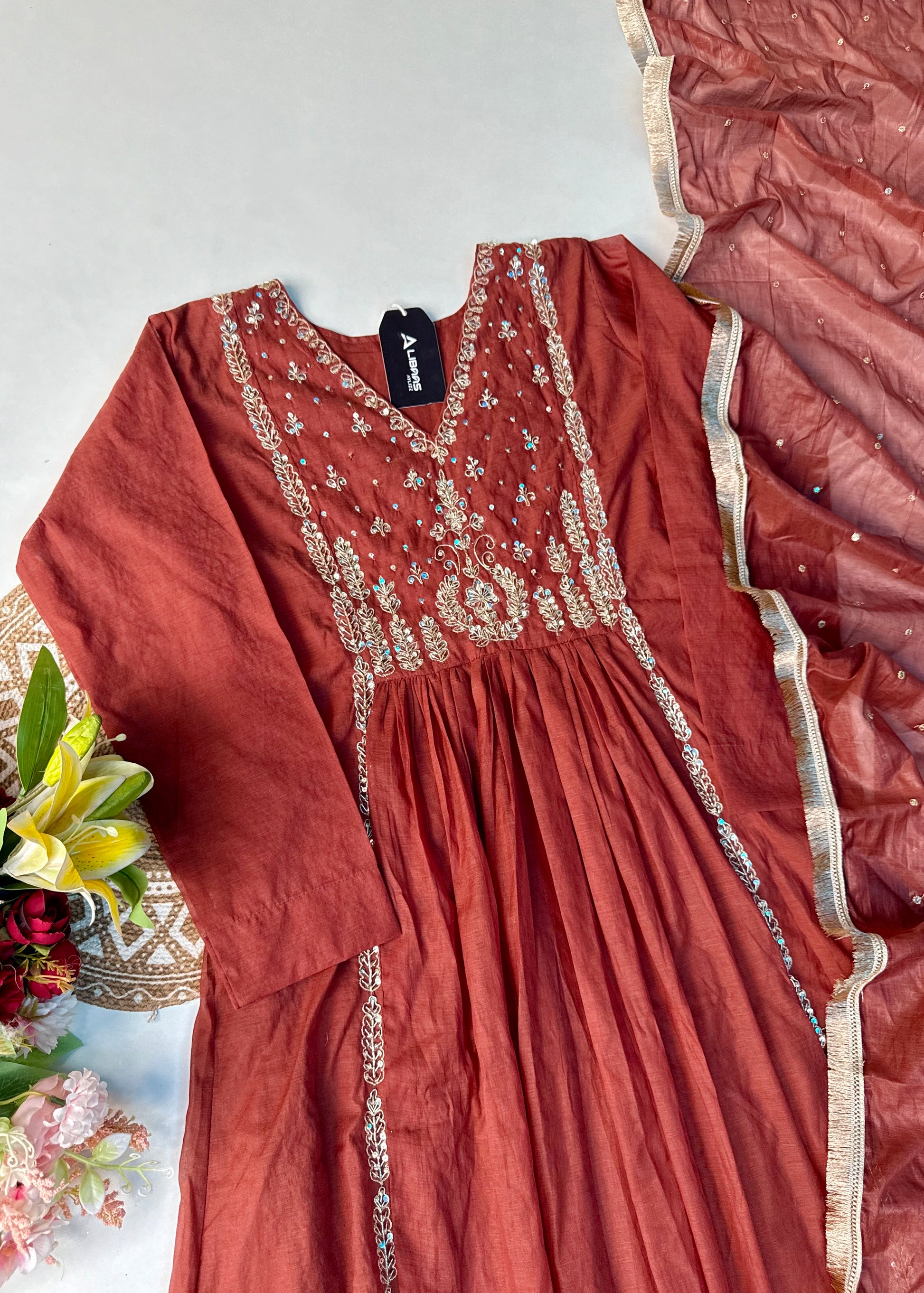 “Anya” Rust Brown Mul Chanderi anarkali kurta set