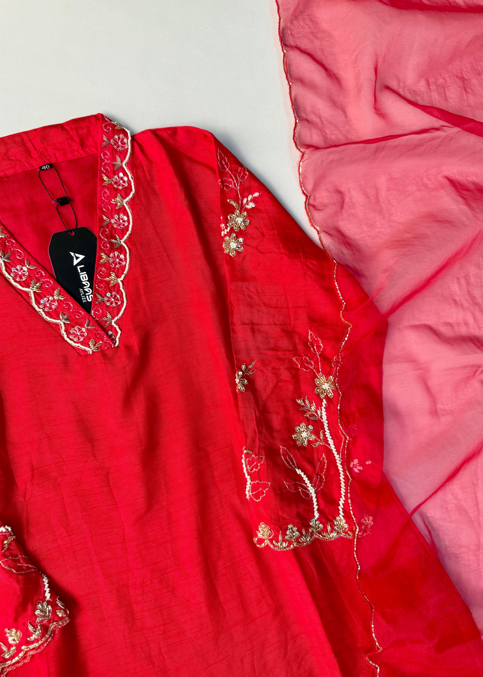 “Ivory” Beautiful Red Dola silk handcrafted kurta set
