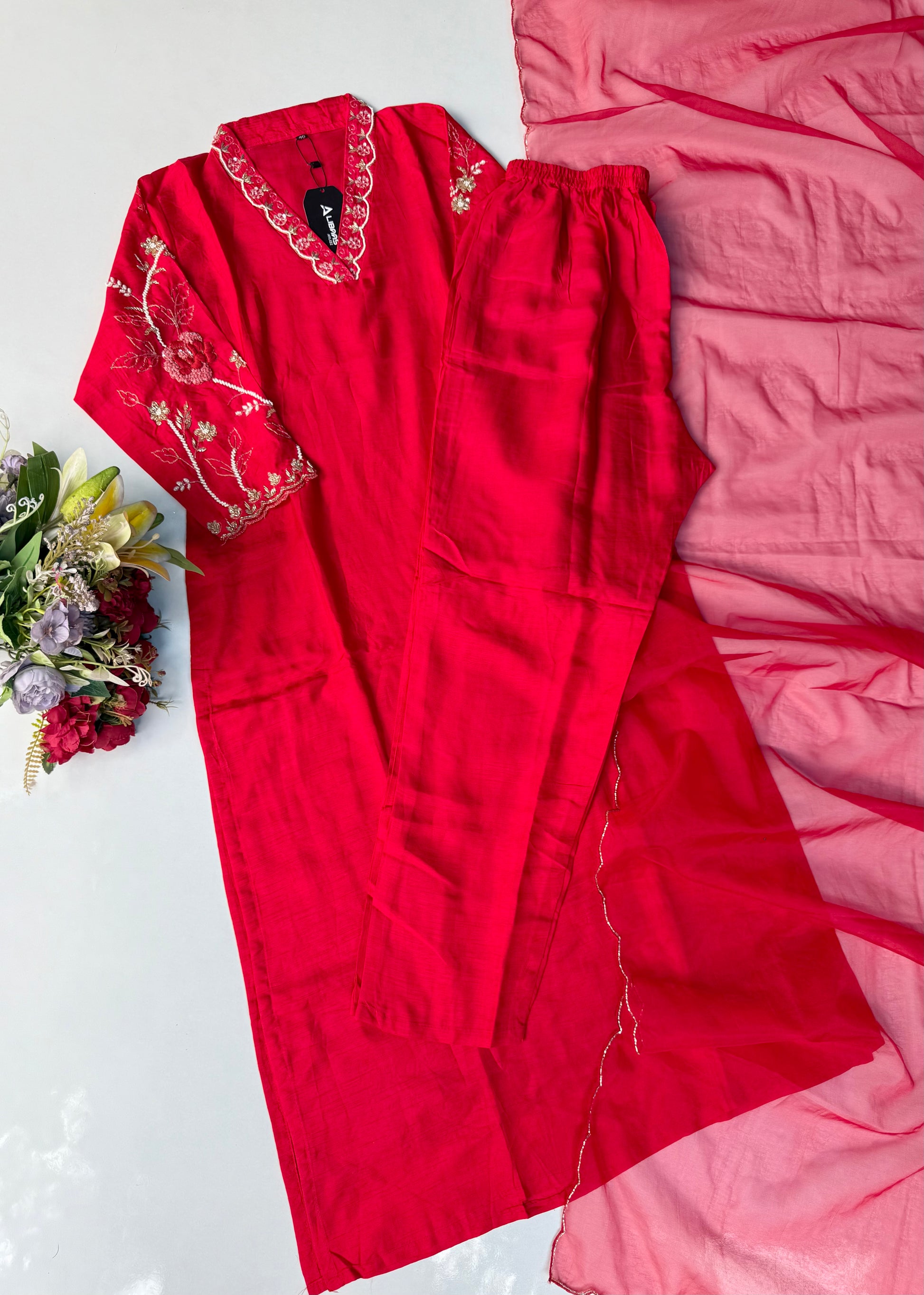 “Ivory” Beautiful Red Dola silk handcrafted kurta set