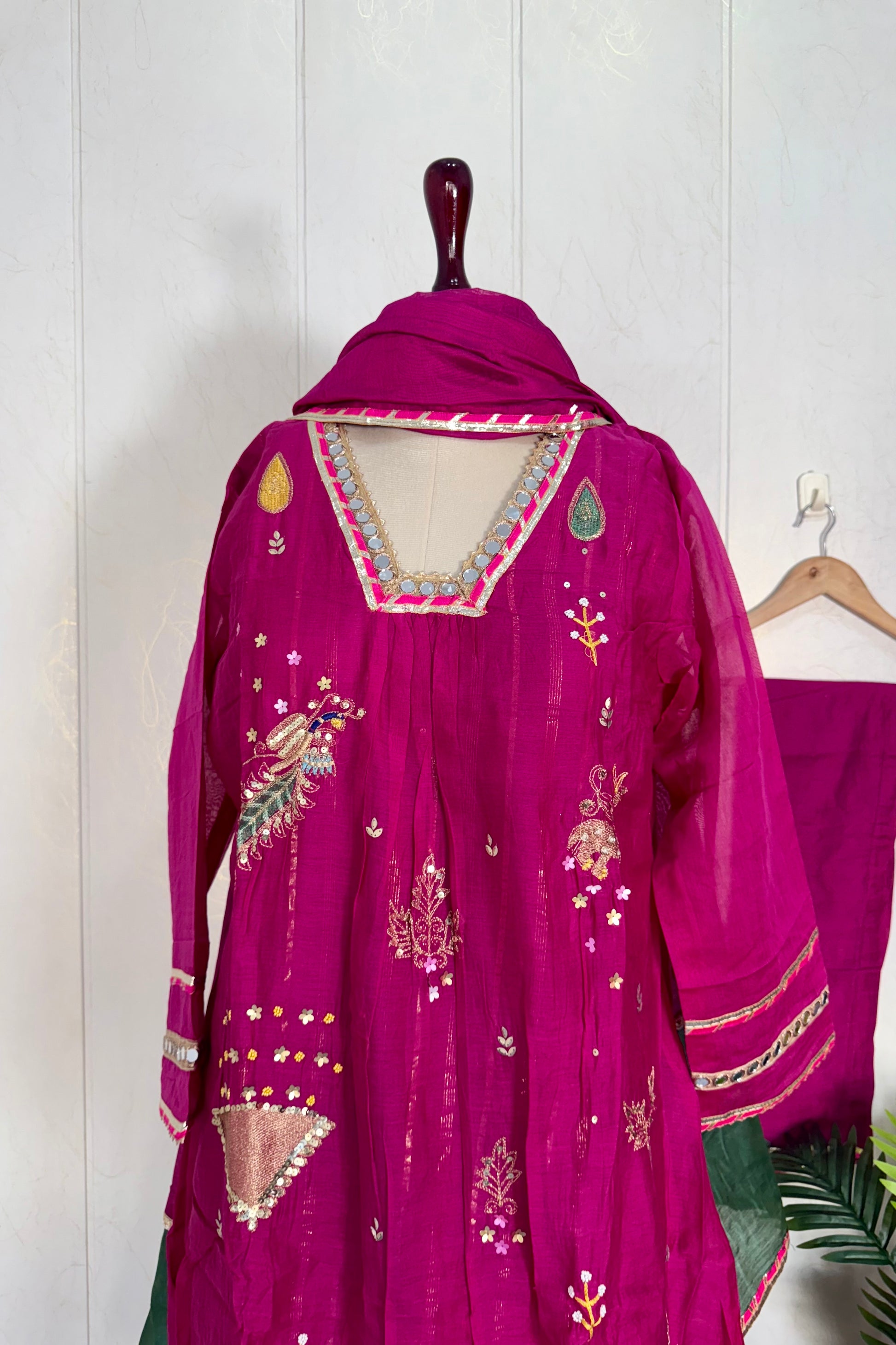 “Fuchsia” Trending Mul Chanderi Heavy Handwork A Line Suit Set