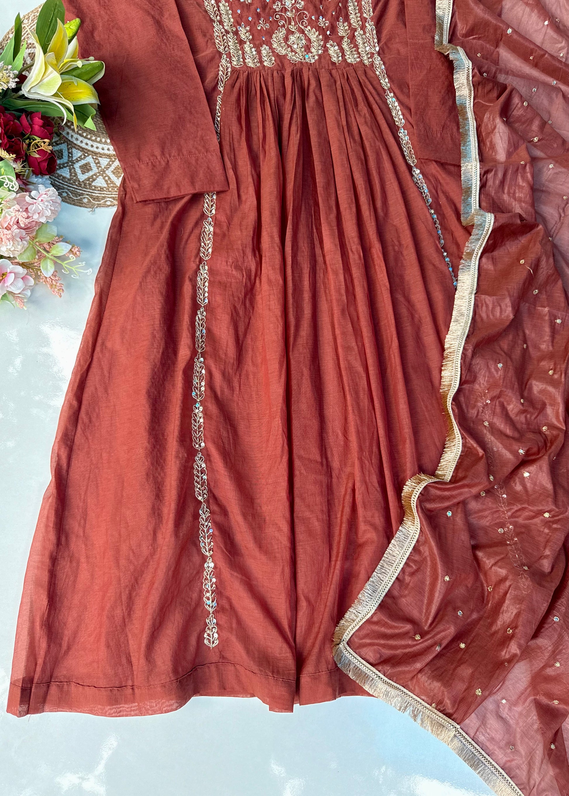 “Anya” Rust Brown Mul Chanderi anarkali kurta set