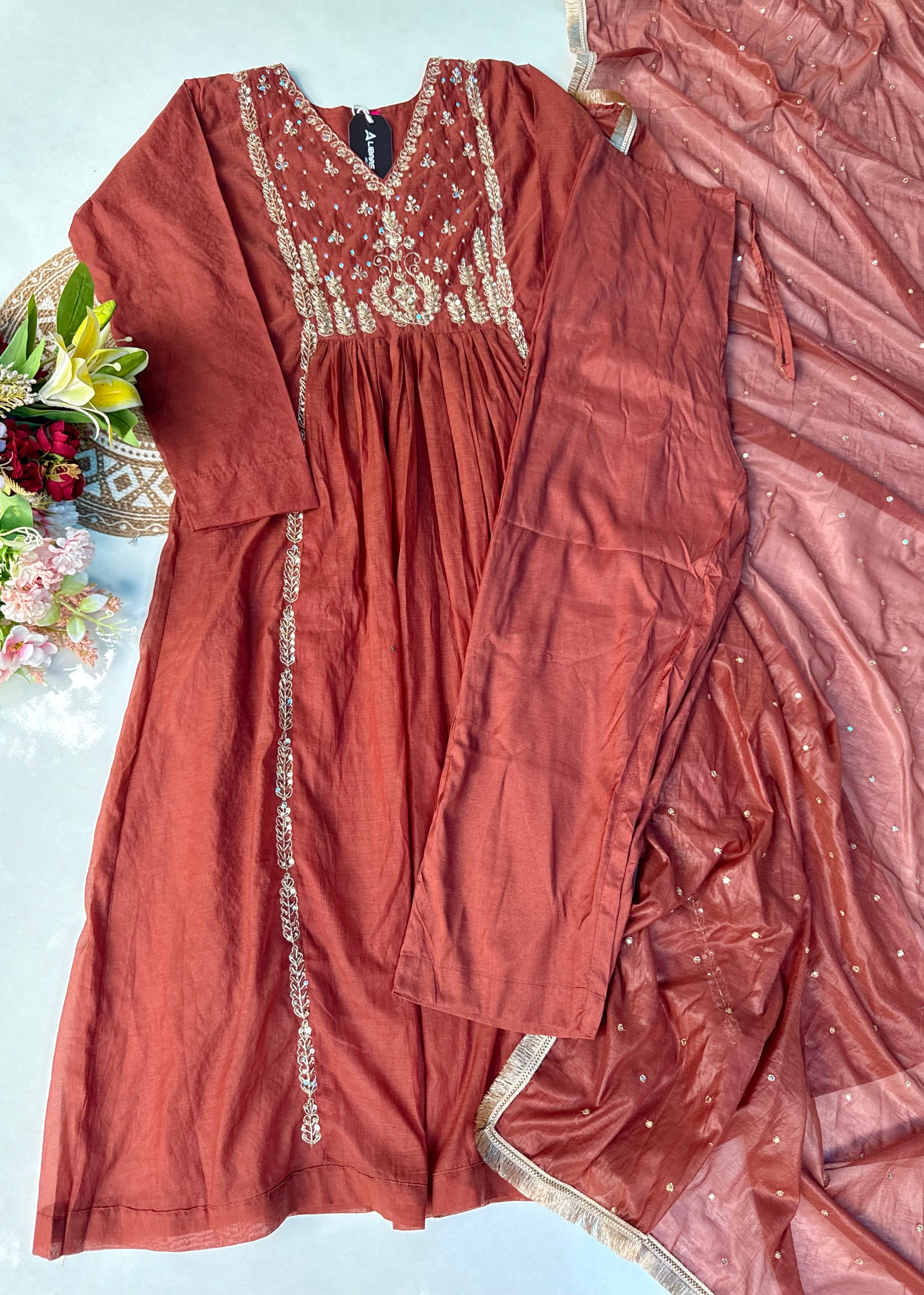 “Anya” Rust Brown Mul Chanderi anarkali kurta set