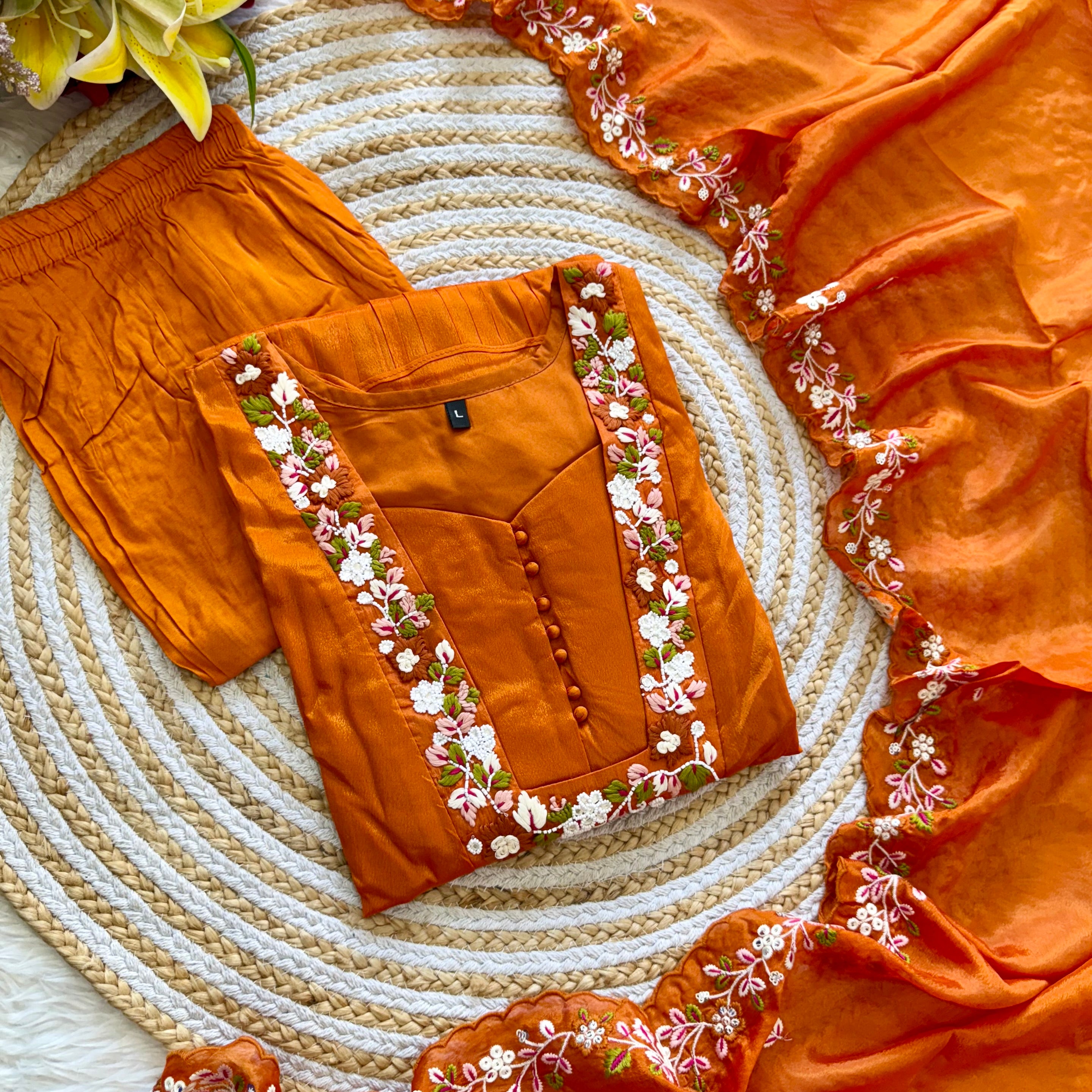 “SHIZA” Orange Tissue silk anarkali suit set