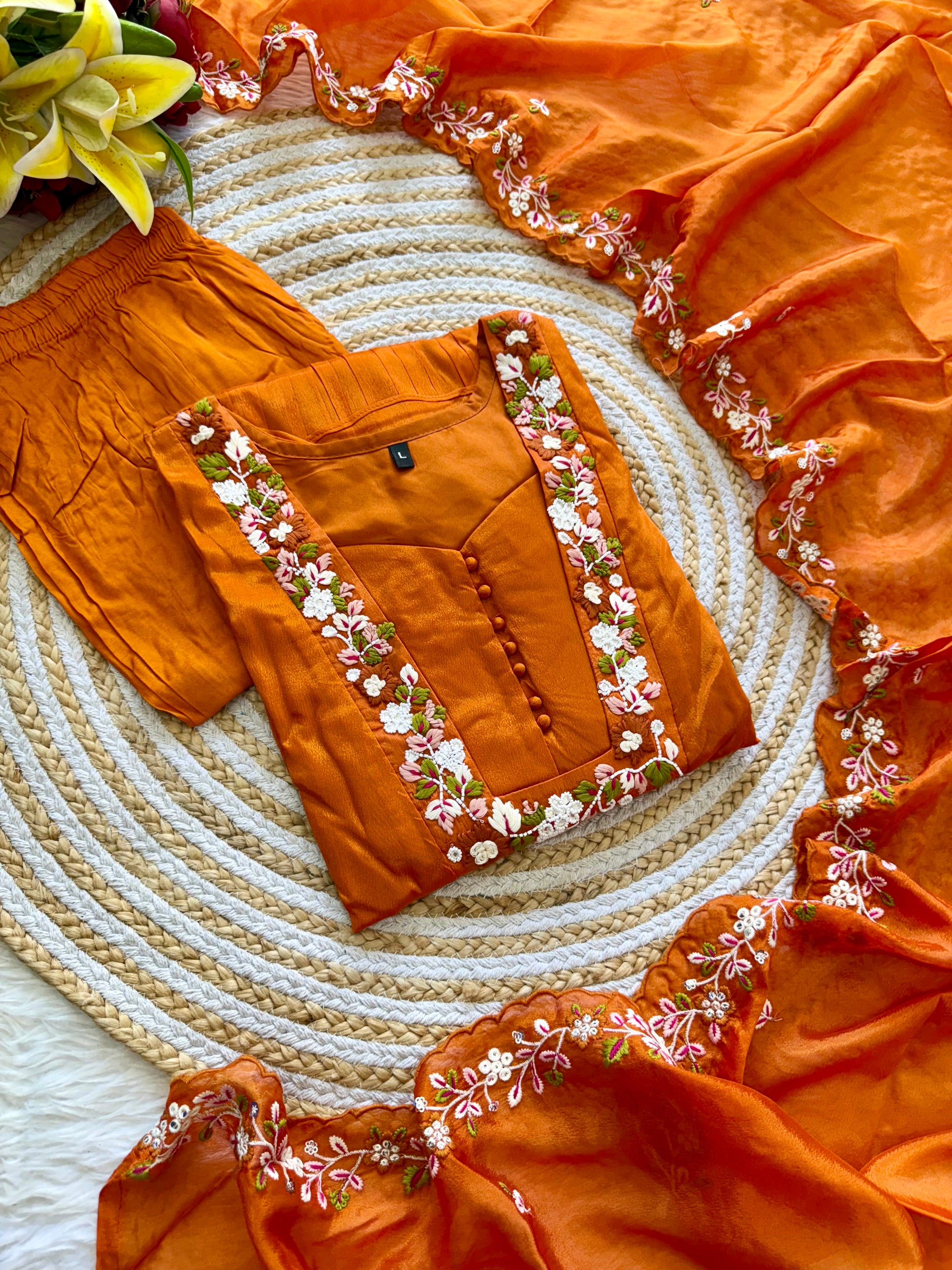 “SHIZA” Orange Tissue silk anarkali suit set