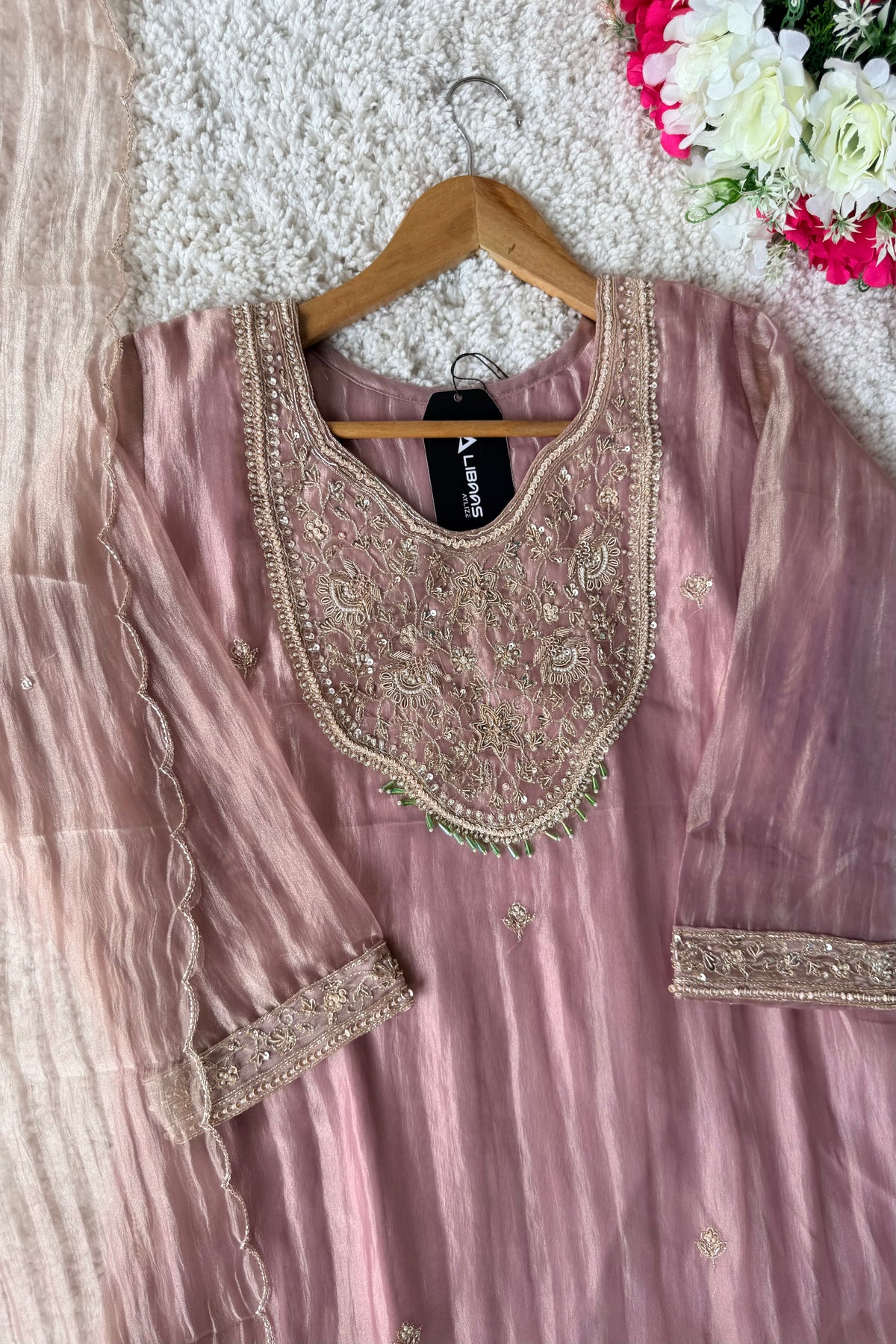 ✨Iqra - Mauve Pink Crushed Tissue A-Line Kurta sets
