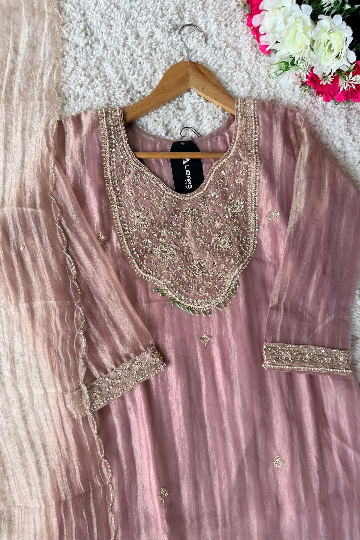 ✨Iqra - Mauve Pink Crushed Tissue A-Line Kurta sets