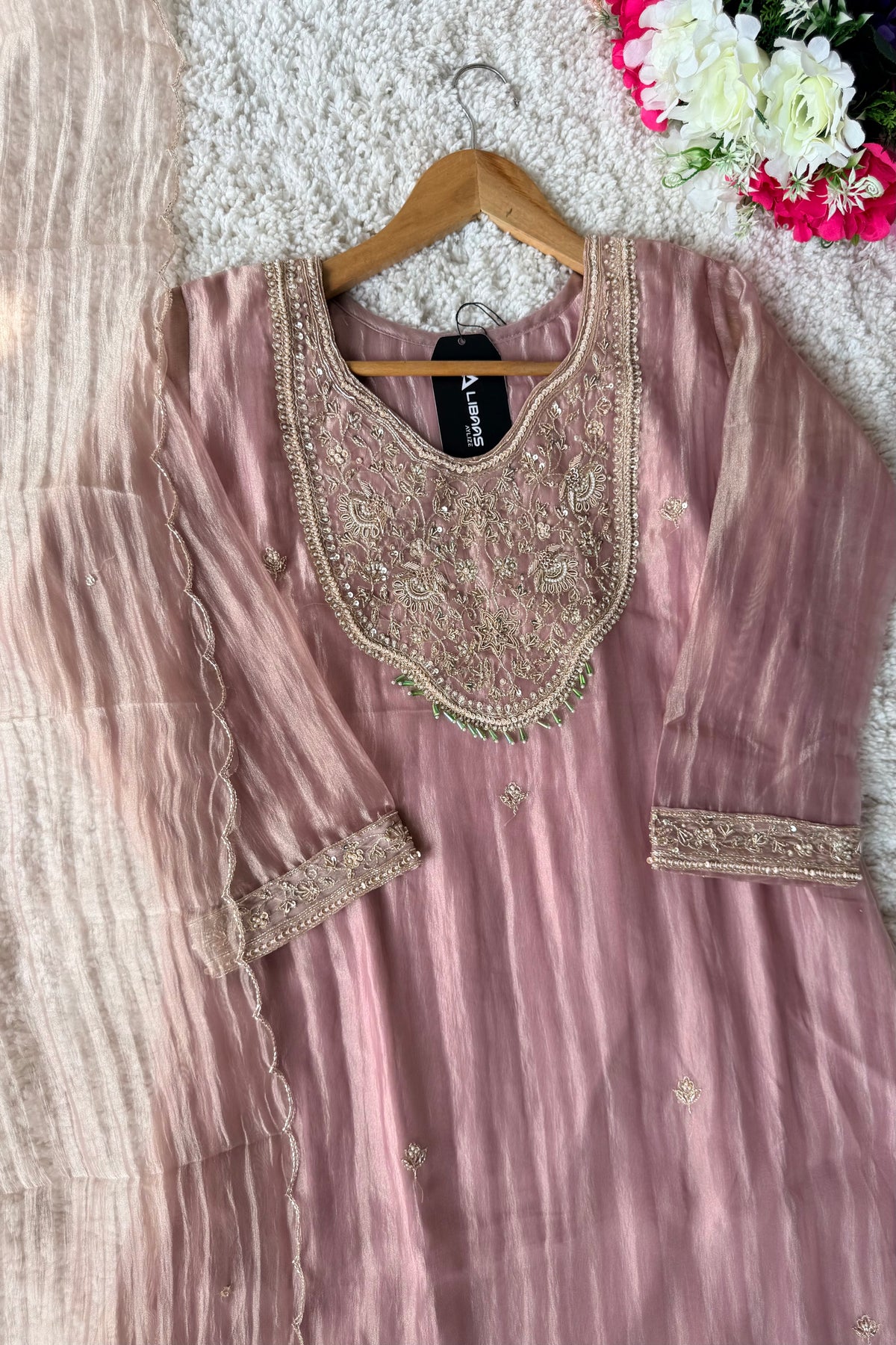 ✨Iqra - Mauve Pink Crushed Tissue A-Line Kurta sets