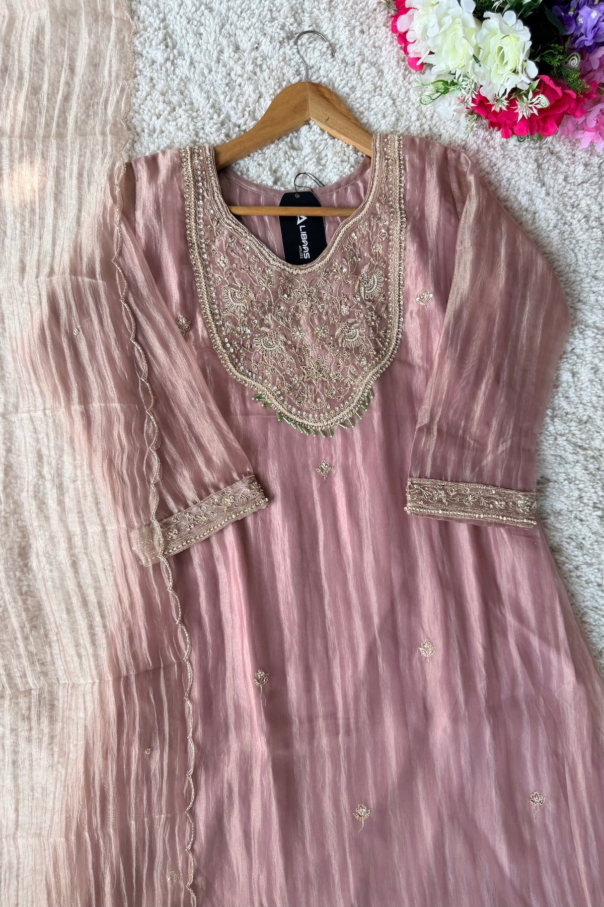 ✨Iqra - Mauve Pink Crushed Tissue A-Line Kurta sets