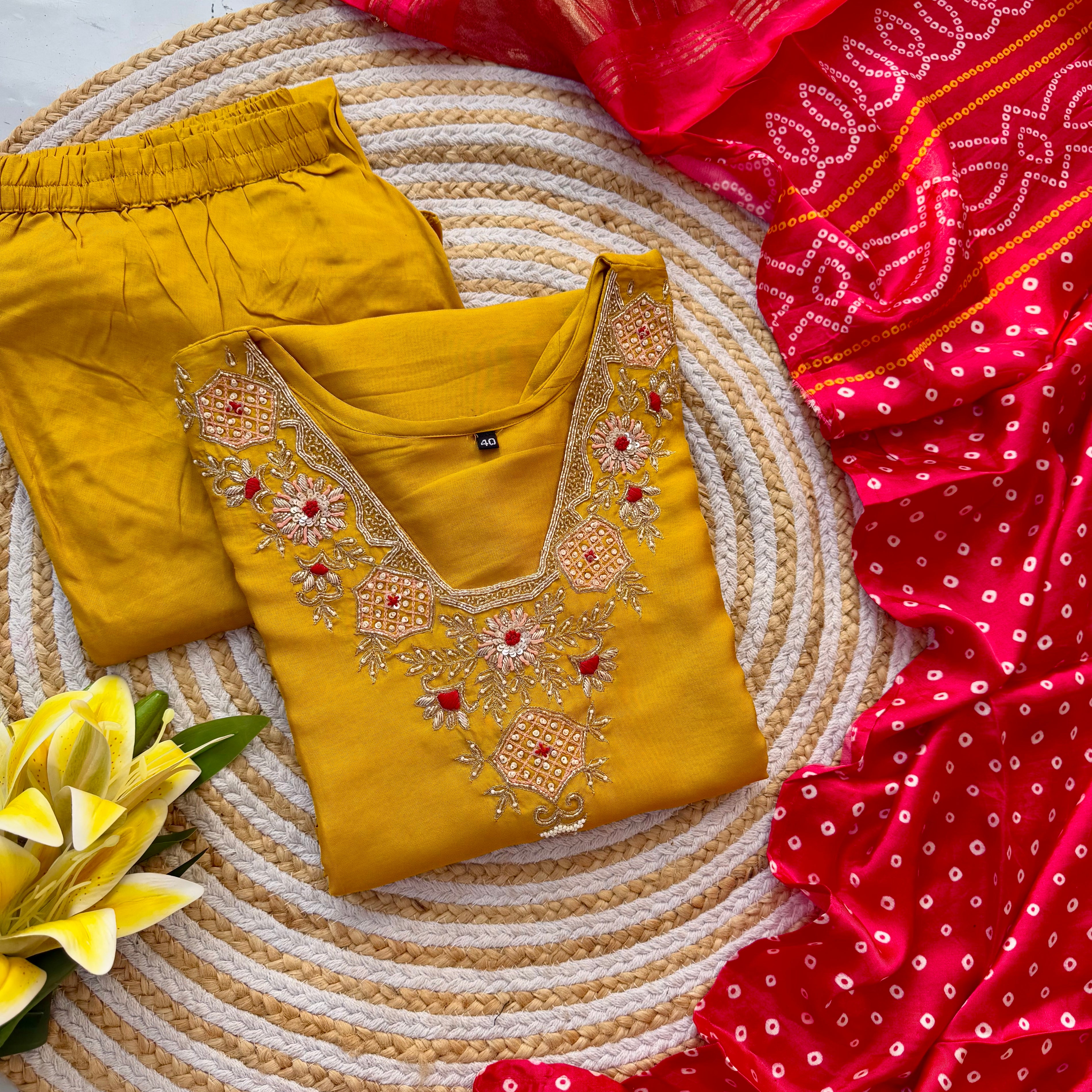 “SHARARA” Yellow shades dola silk kurti plazzo with gajji silk dupatta set