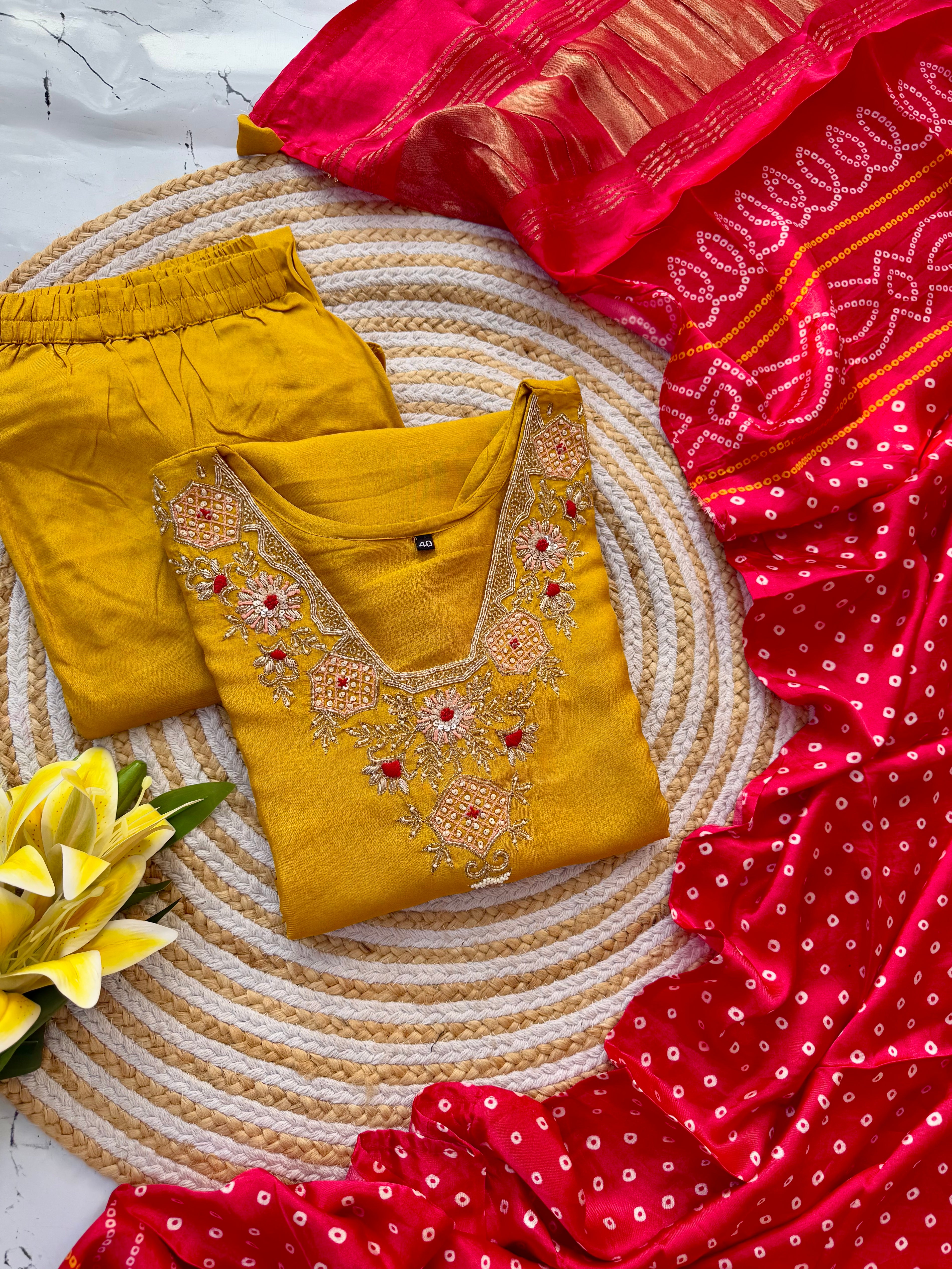 “SHARARA” Yellow shades dola silk kurti plazzo with gajji silk dupatta set