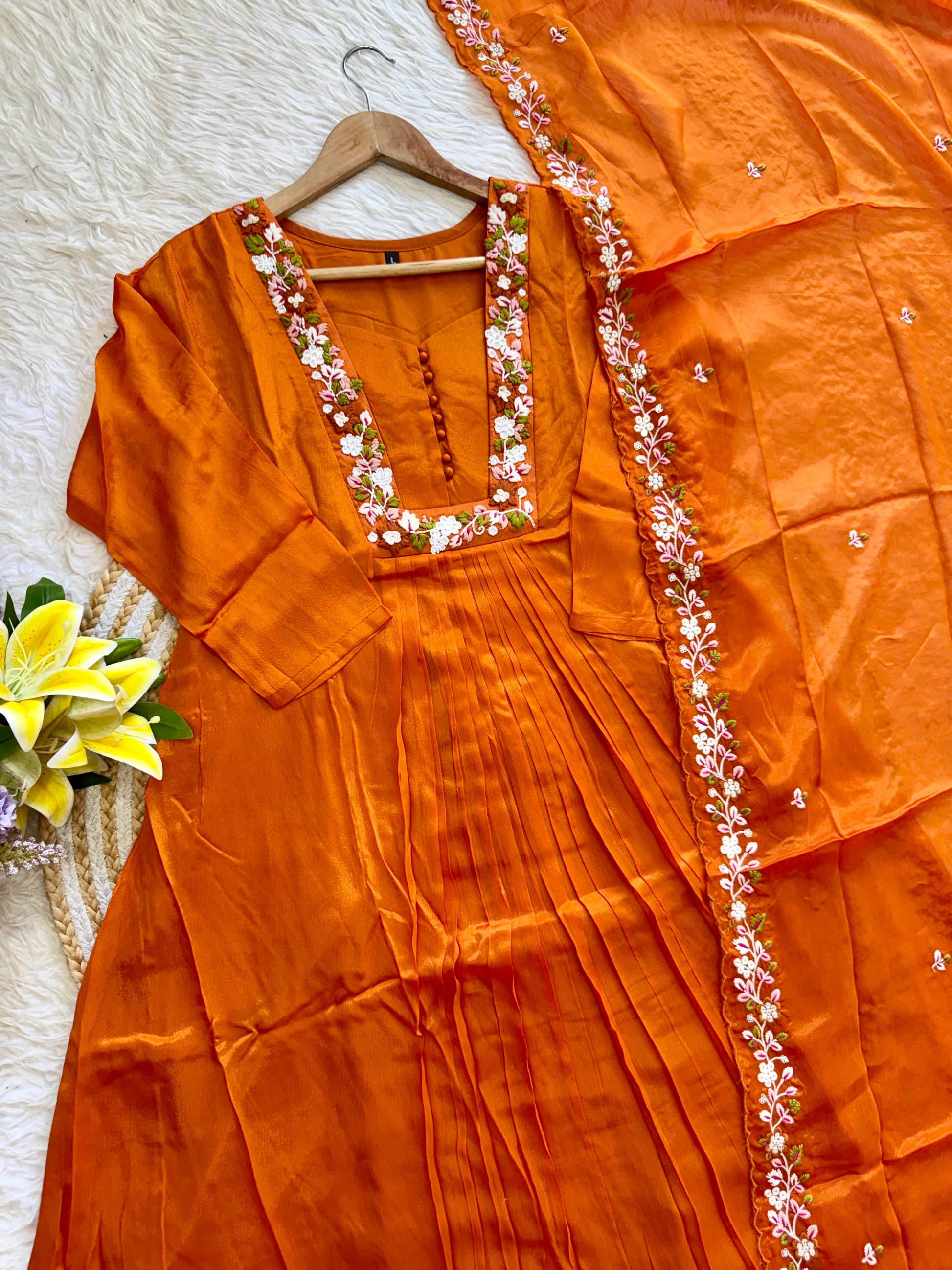 “SHIZA” Orange Tissue silk anarkali suit set