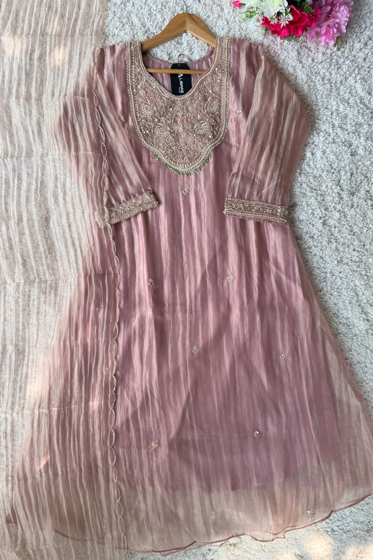 ✨Iqra - Mauve Pink Crushed Tissue A-Line Kurta sets