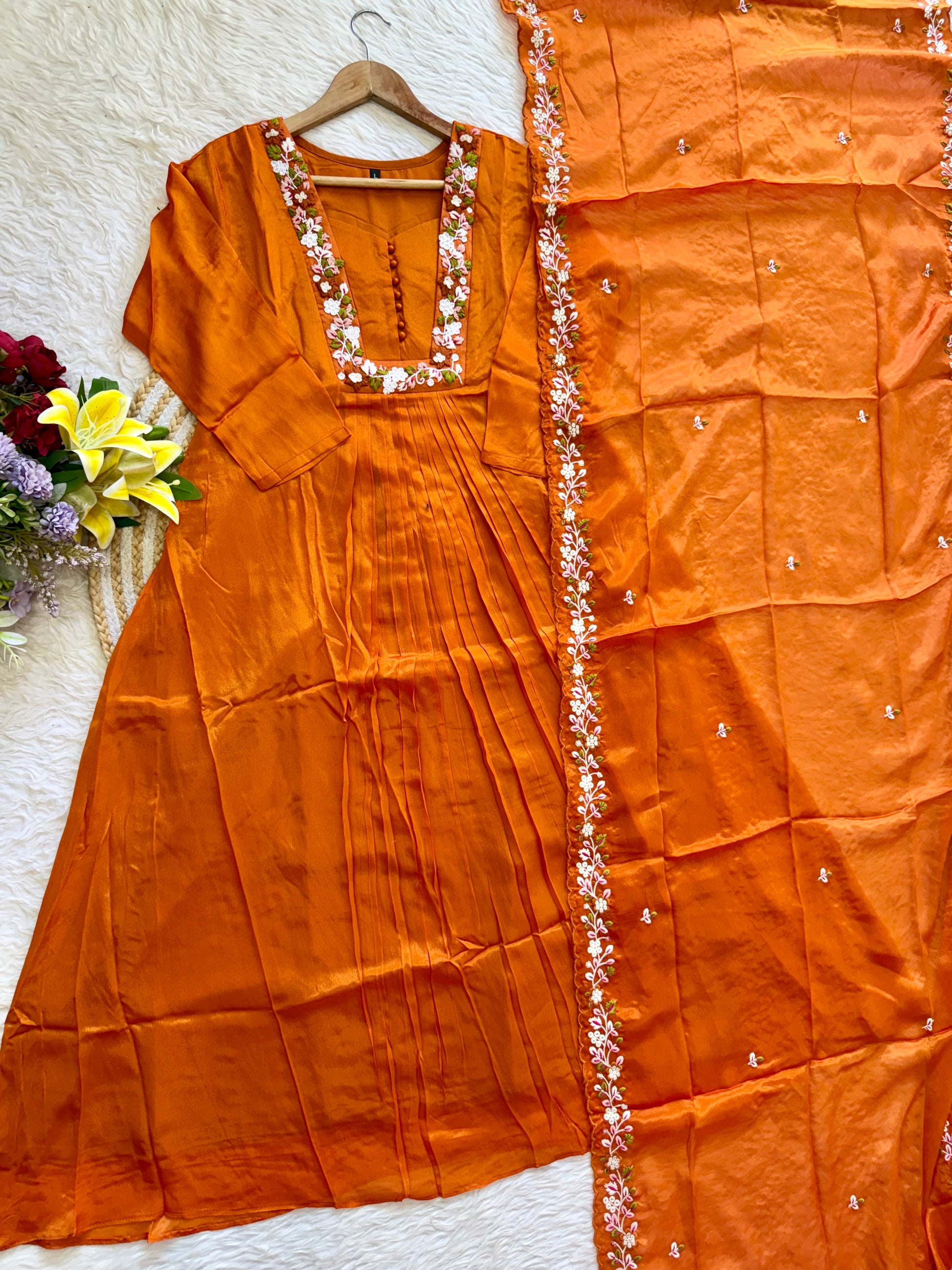 “SHIZA” Orange Tissue silk anarkali suit set