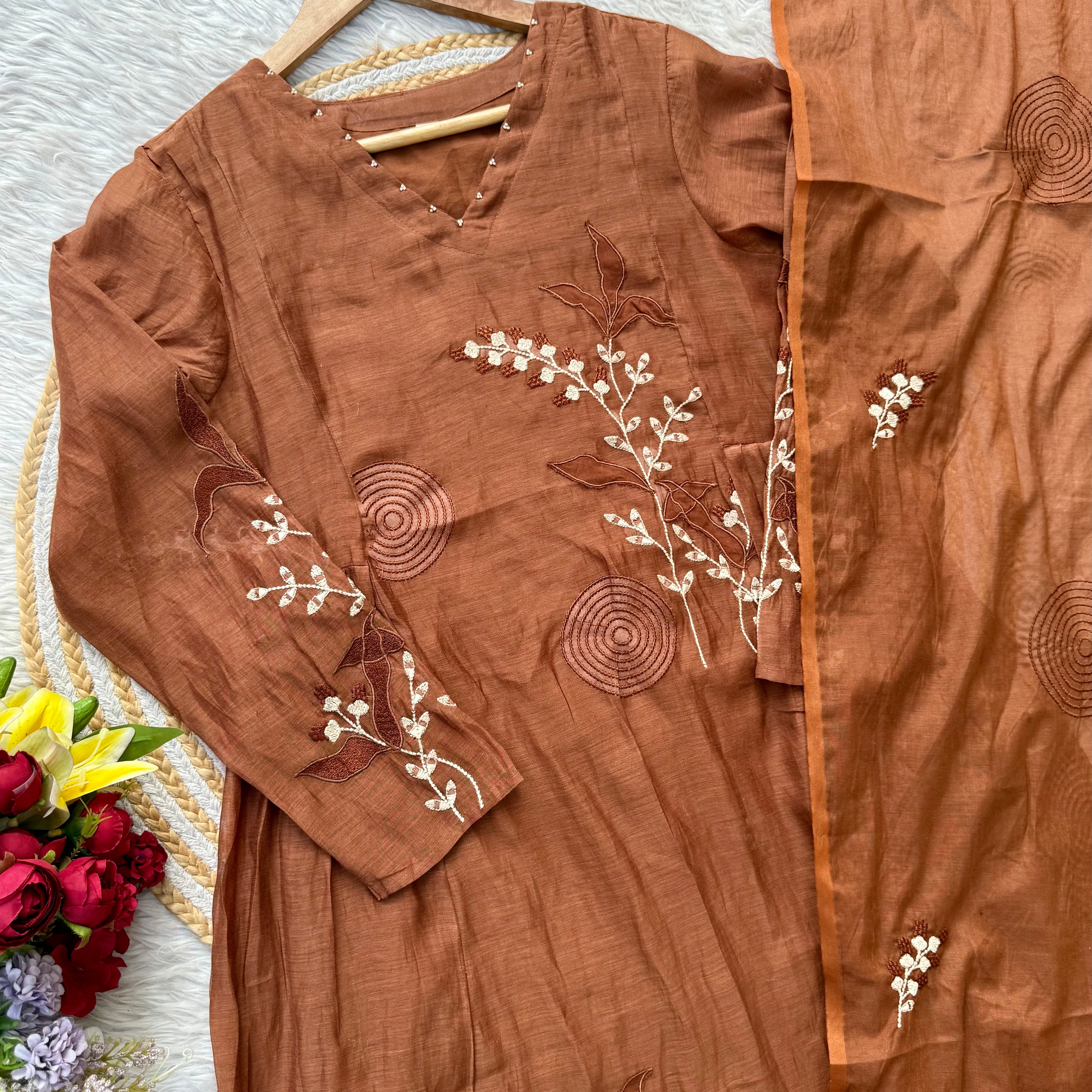 “SIZUMI” Rust Orange Mul Chanderi party wear anarkali suit set