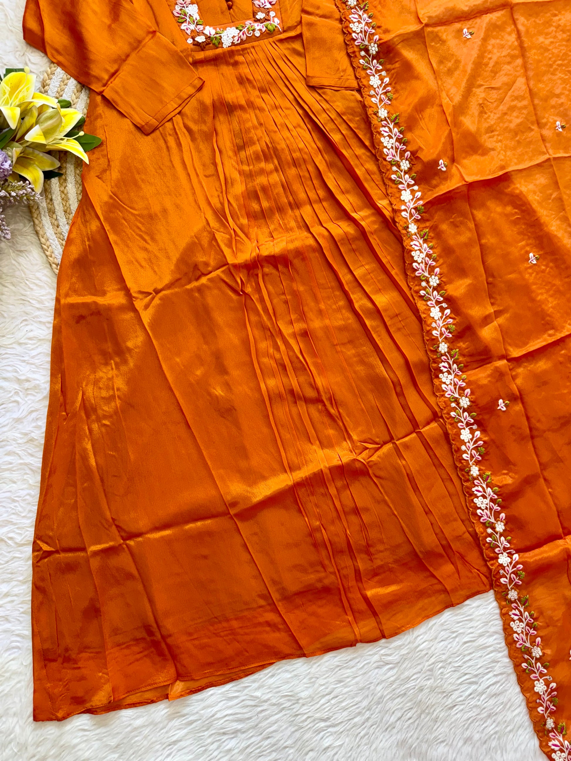 “SHIZA” Orange Tissue silk anarkali suit set