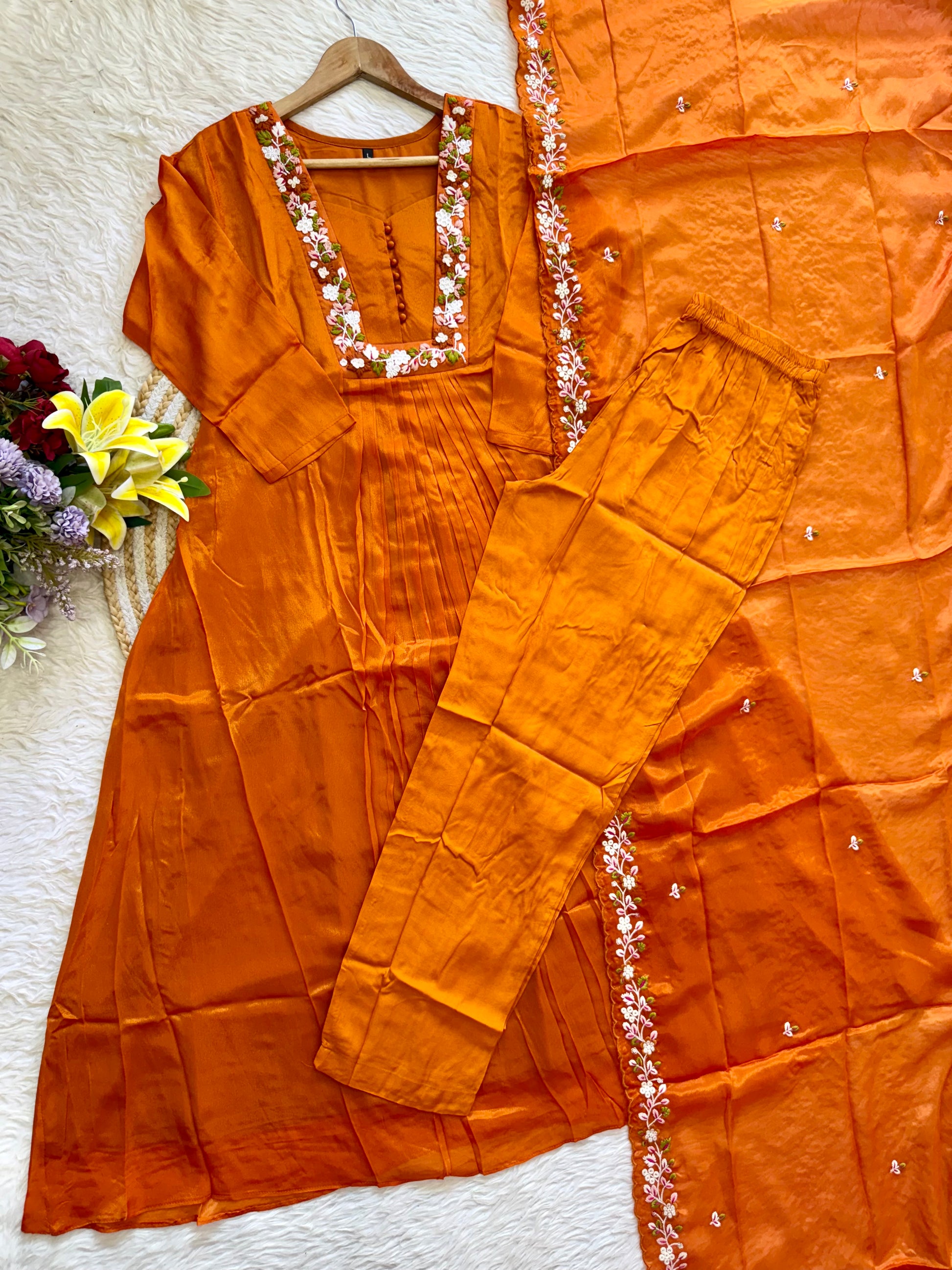 “SHIZA” Orange Tissue silk anarkali suit set