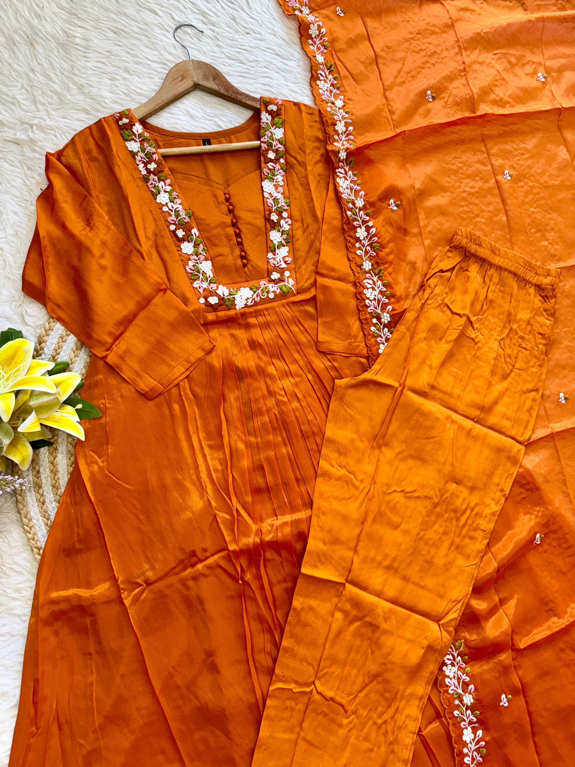 “SHIZA” Orange Tissue silk anarkali suit set
