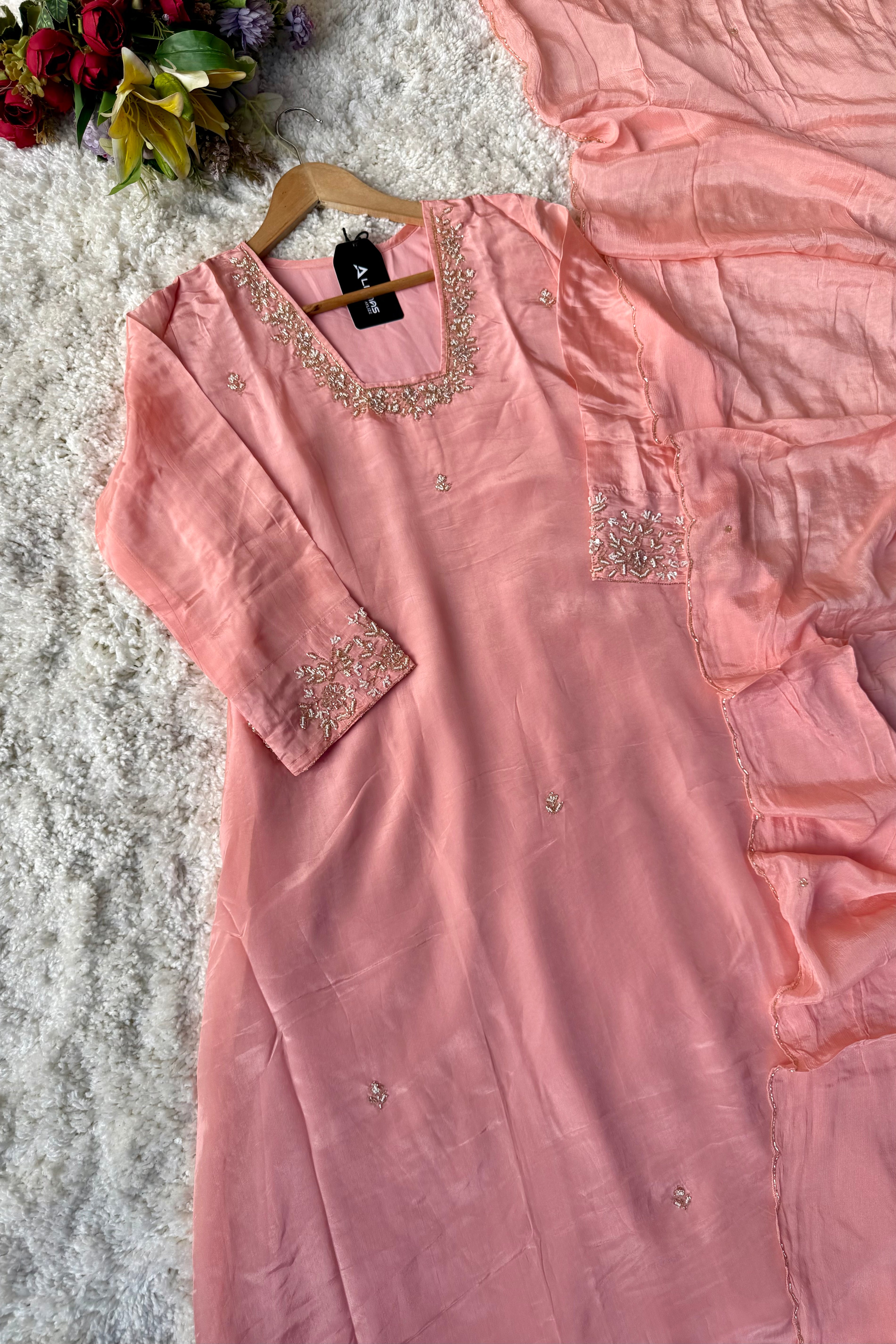 “Inayat” Premium Chinnon handcrafted A- Line  kurta set