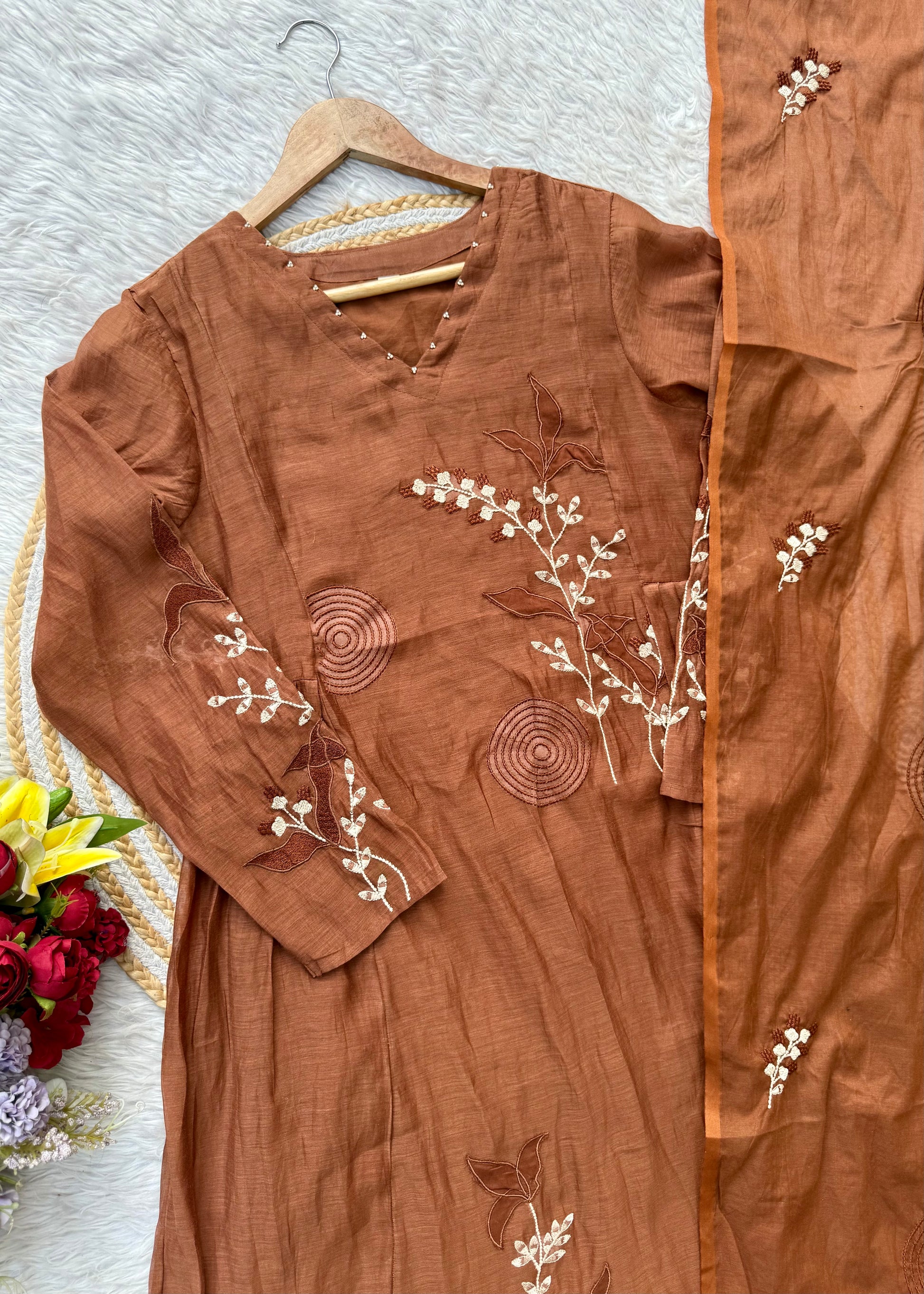 “SIZUMI” Rust Orange Mul Chanderi party wear anarkali suit set