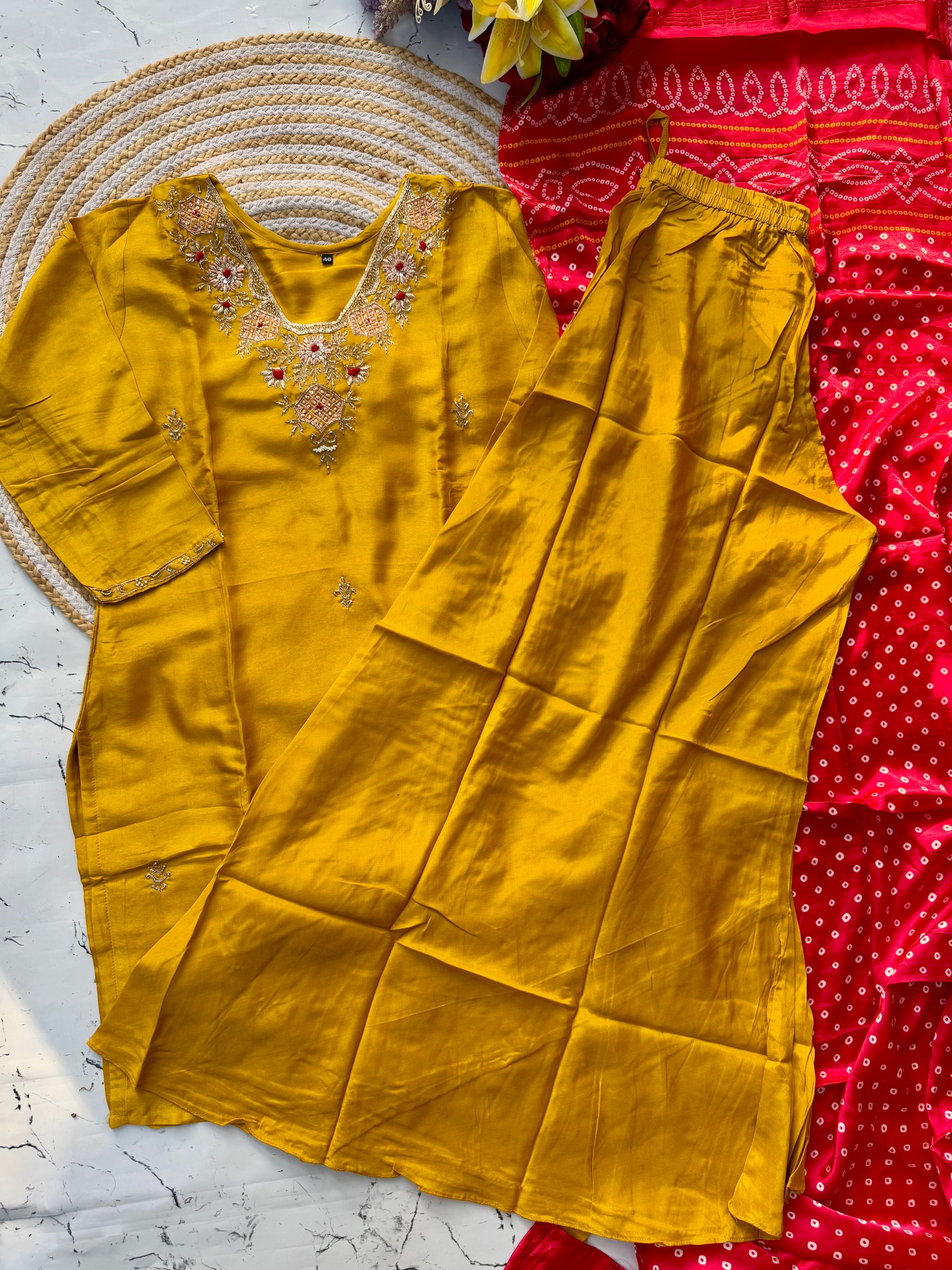 “SHARARA” Yellow shades dola silk kurti plazzo with gajji silk dupatta set