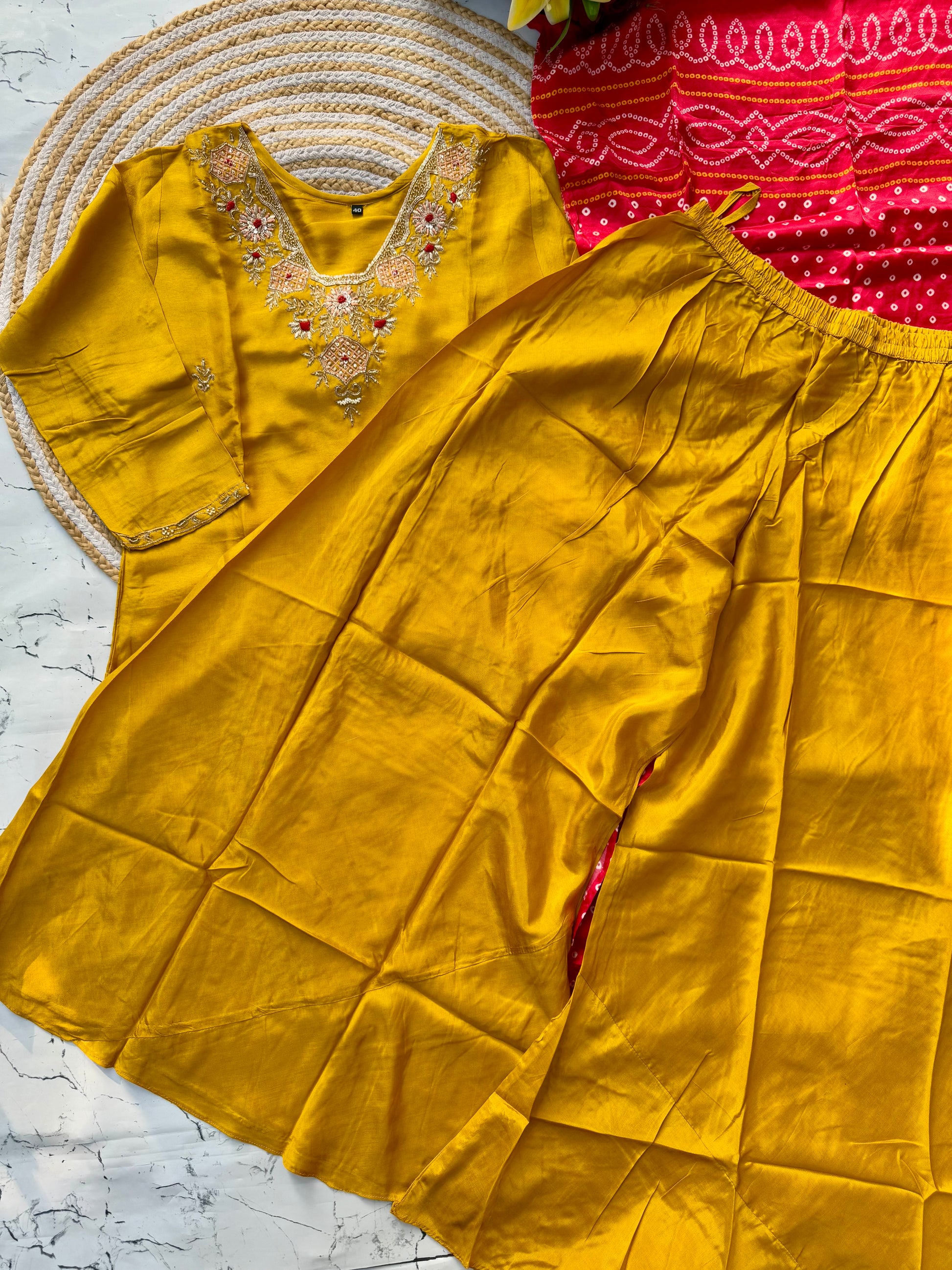 “SHARARA” Yellow shades dola silk kurti plazzo with gajji silk dupatta set