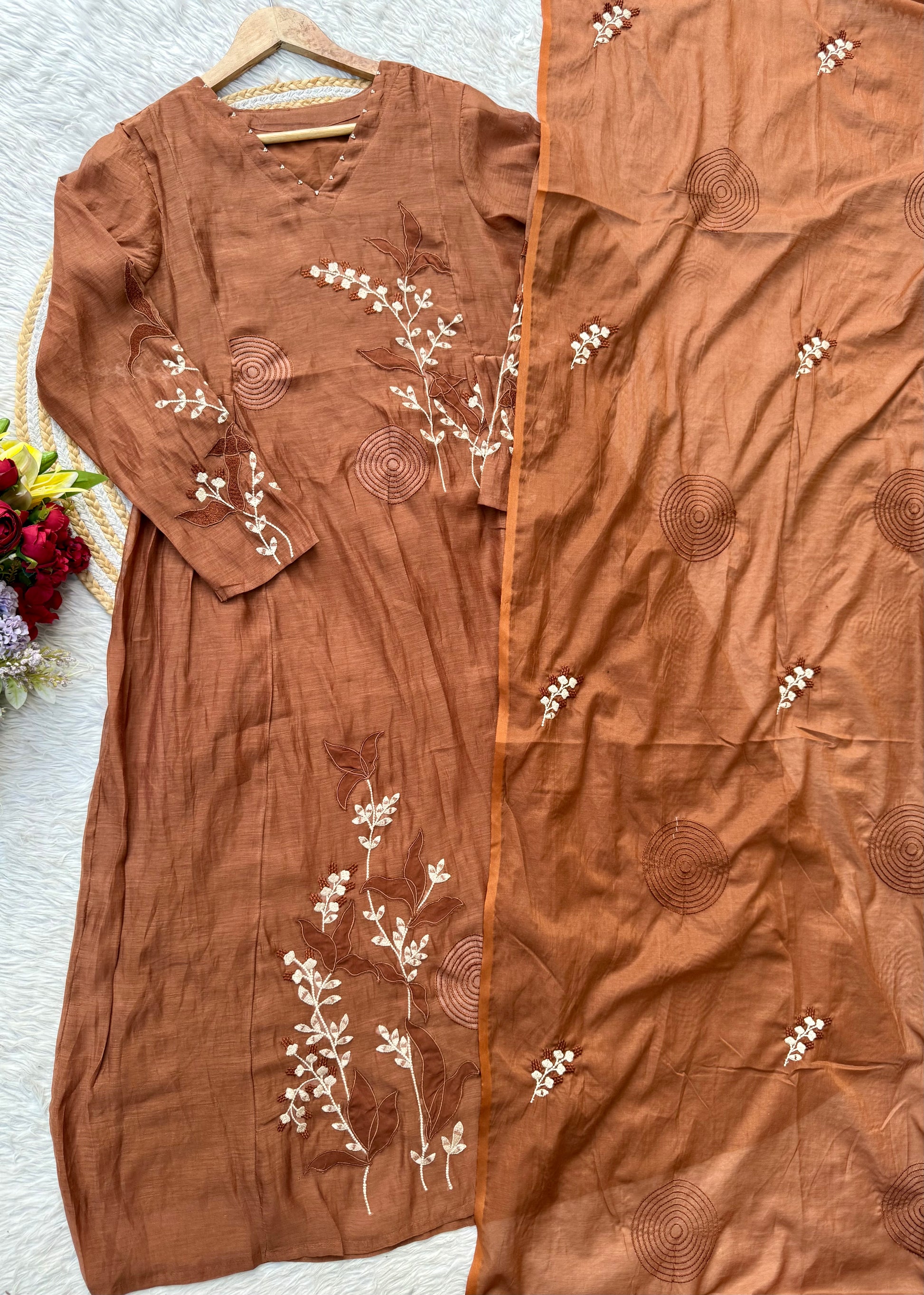 “SIZUMI” Rust Orange Mul Chanderi party wear anarkali suit set