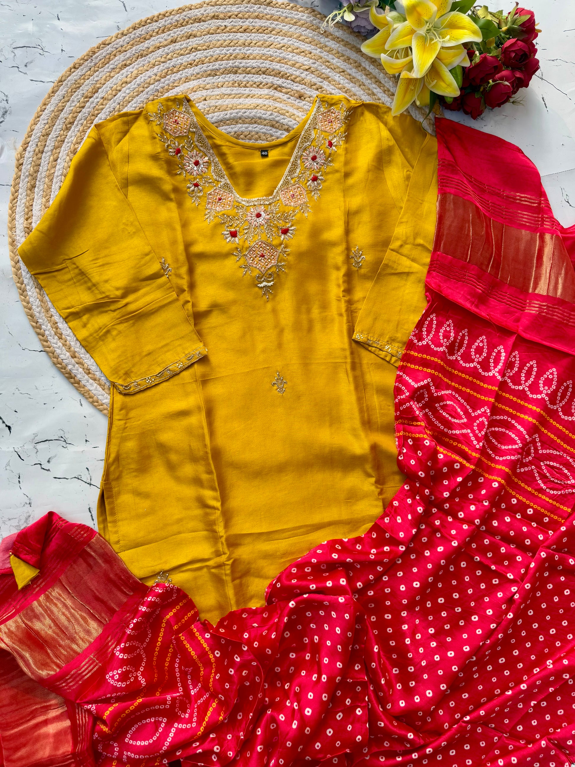 “SHARARA” Yellow shades dola silk kurti plazzo with gajji silk dupatta set