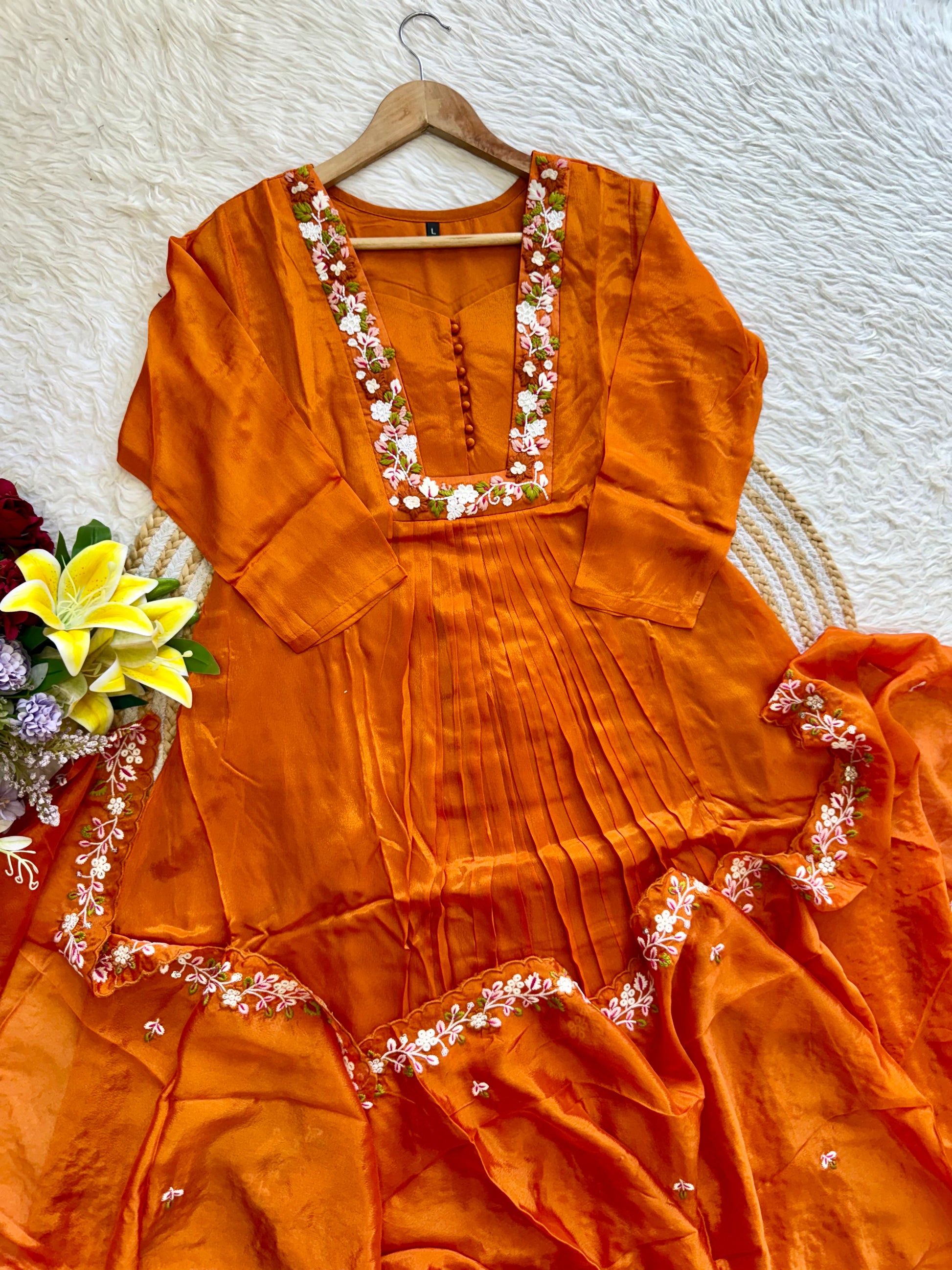 “SHIZA” Orange Tissue silk anarkali suit set