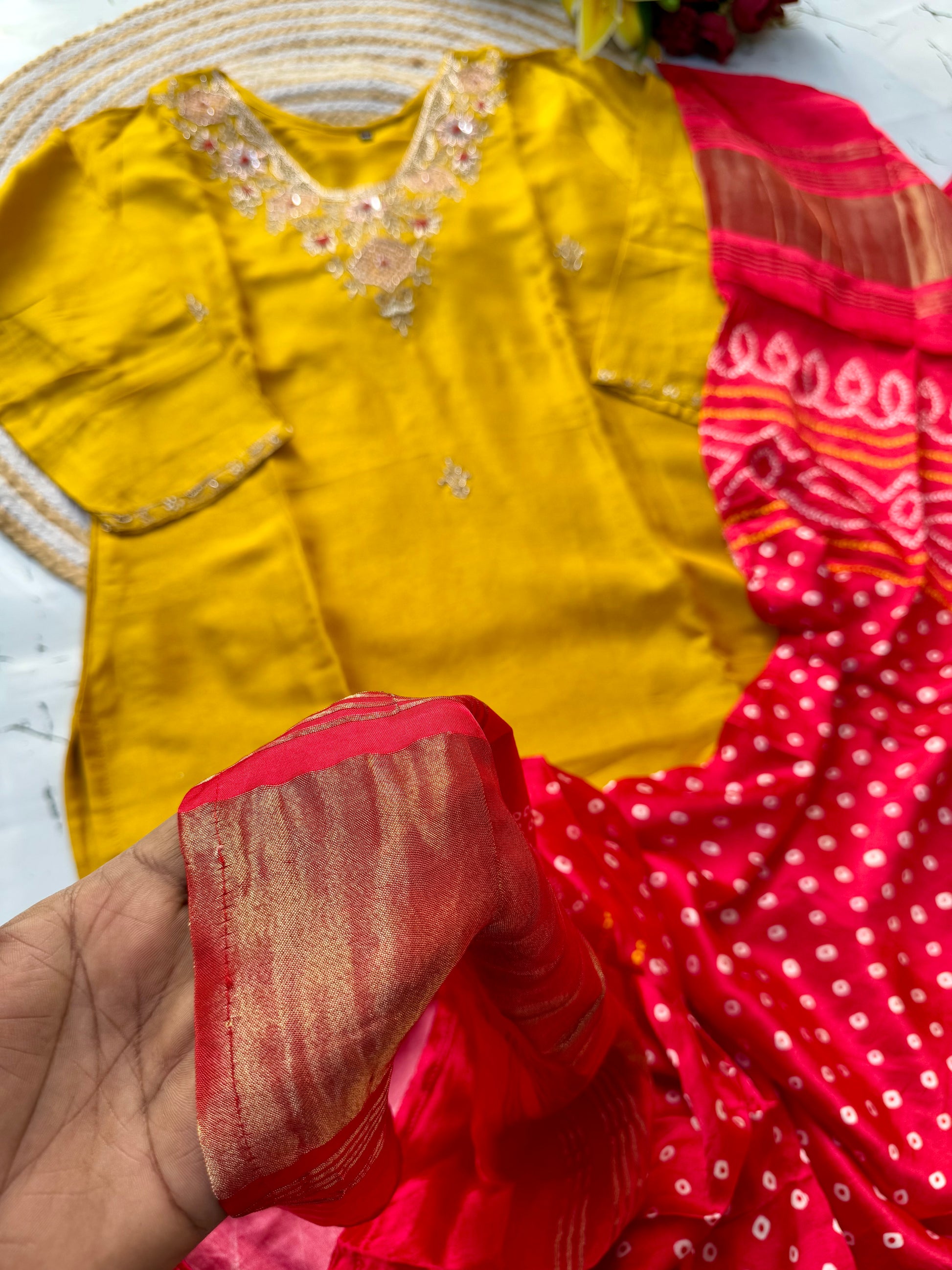 “SHARARA” Yellow shades dola silk kurti plazzo with gajji silk dupatta set